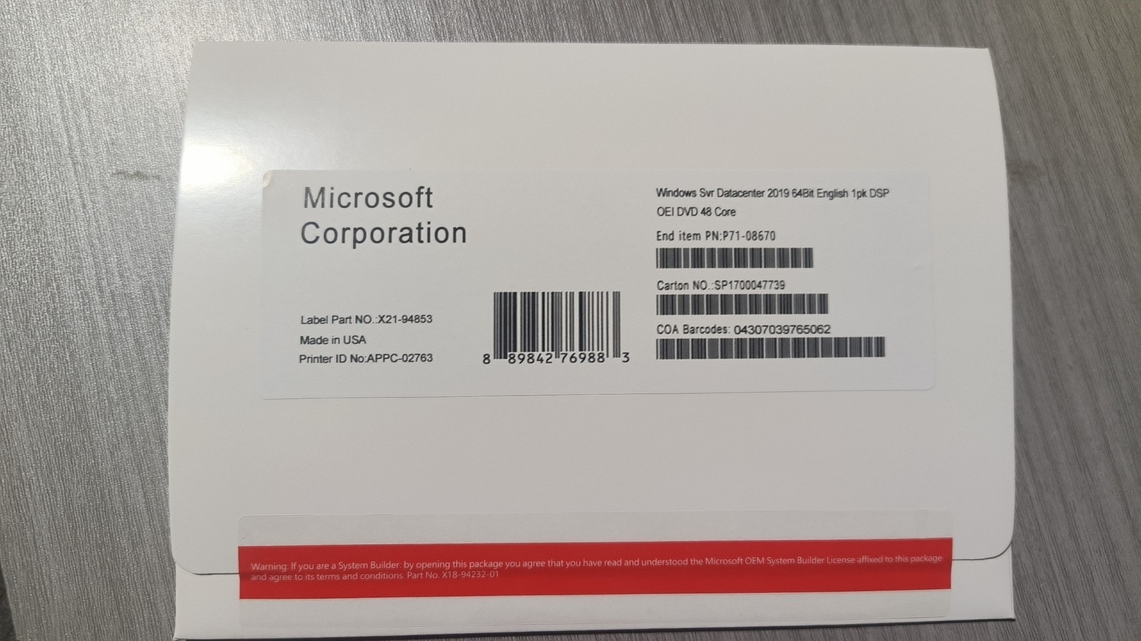 Microsoft Windows Server 2019 Datacenter 48-Core x64 bit DVD Kit & HHD