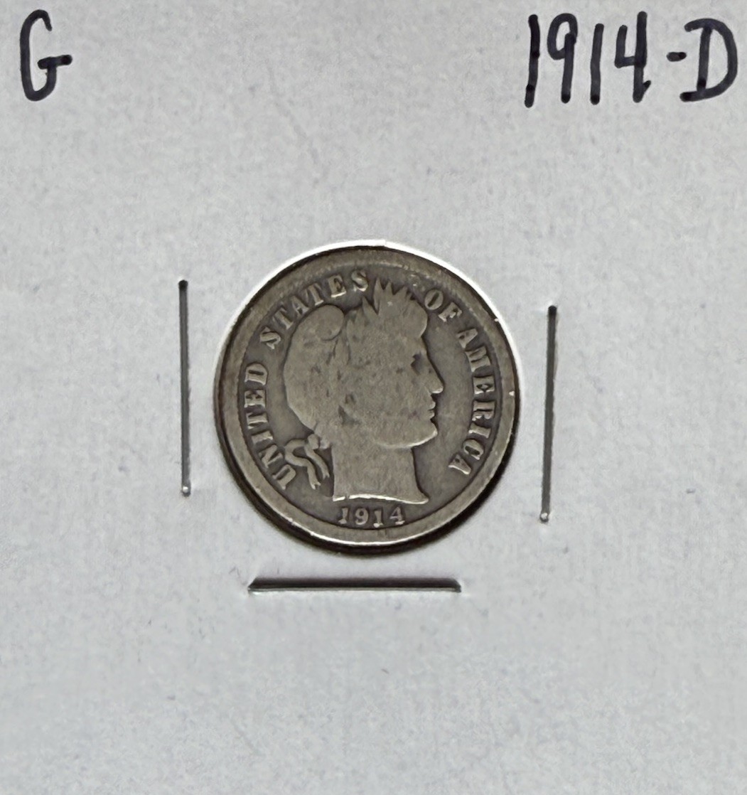 1914-D Barber Dime Good G Better Date 90% Silver Denver Mint US Coin