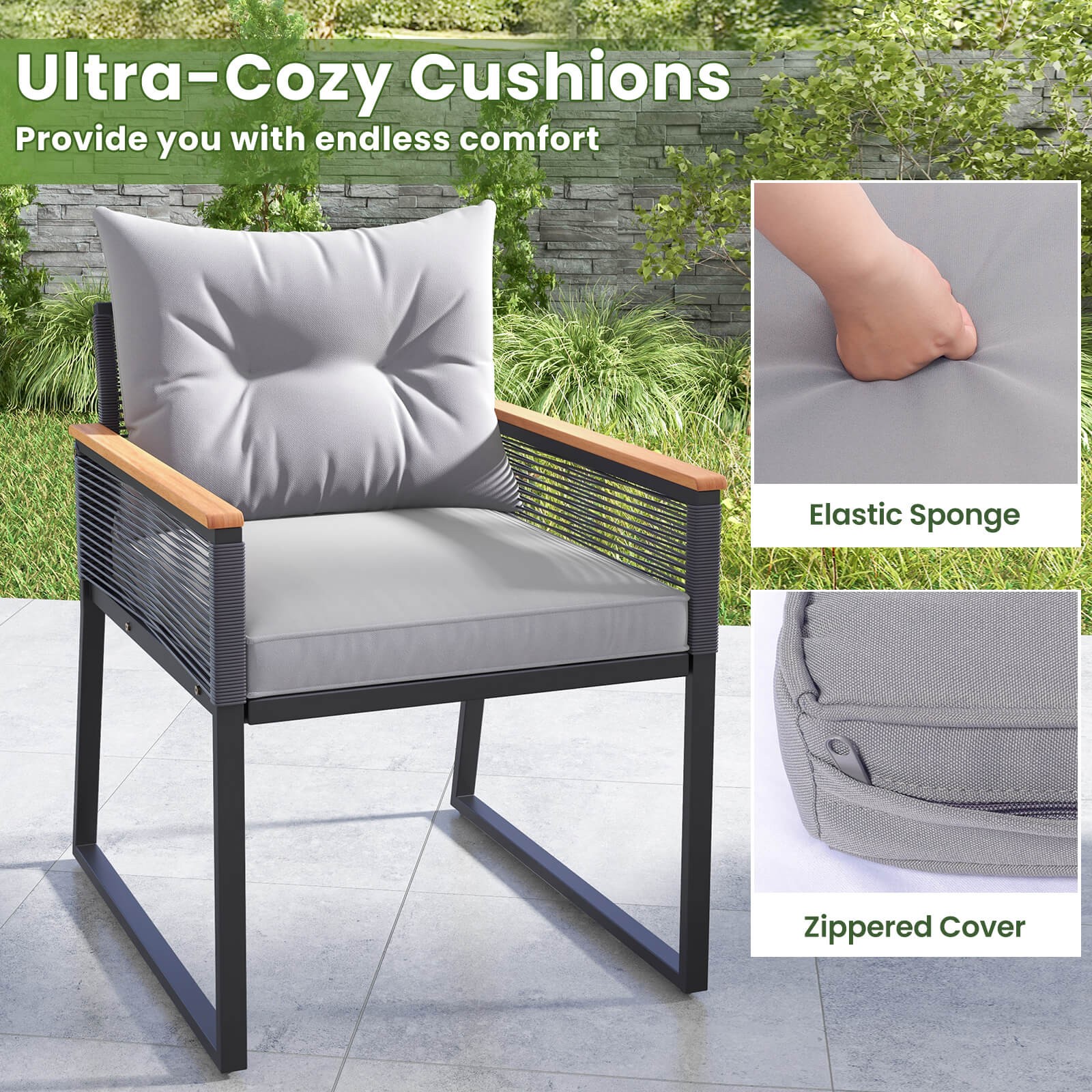 3 PCS Outdoor Conversation Set w/ 2-Layer Side Table Acacia Wood Armrests