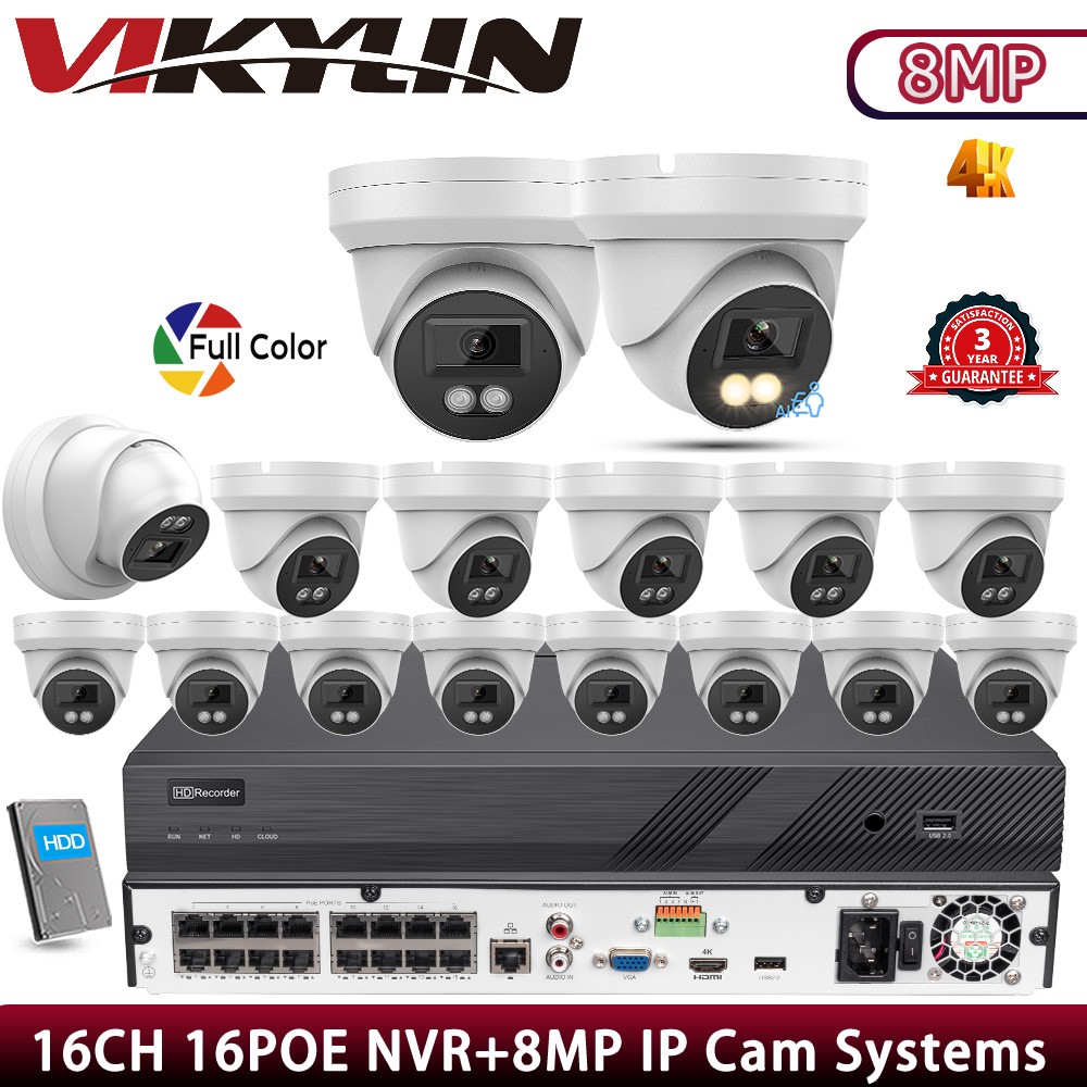 Vikylin 16CH NVR Systems 16POE 24h Color Turret 8MP Monitor Security Camera Lot
