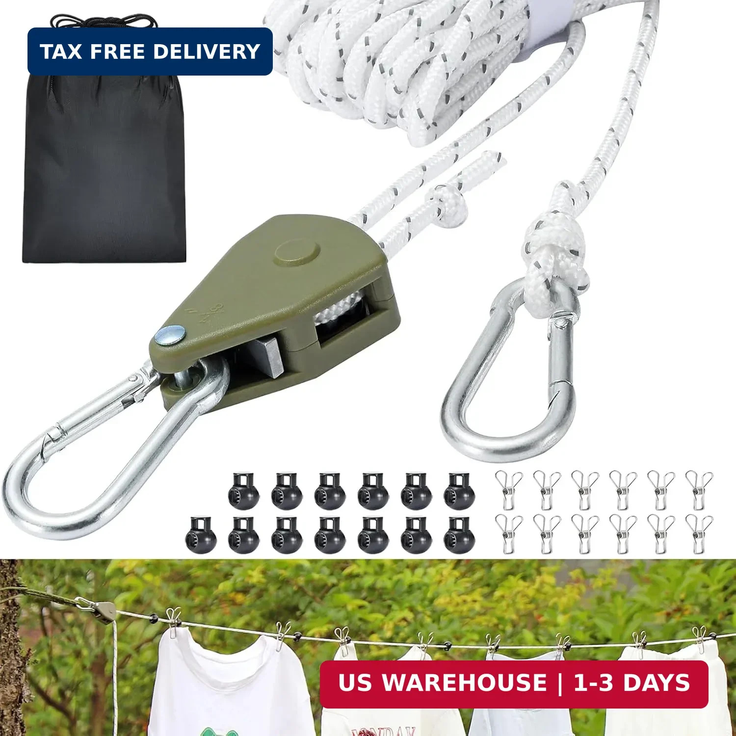 Retractable Travel Clothesline, 19FT Adjustable Heavy-Duty Line with Reflective