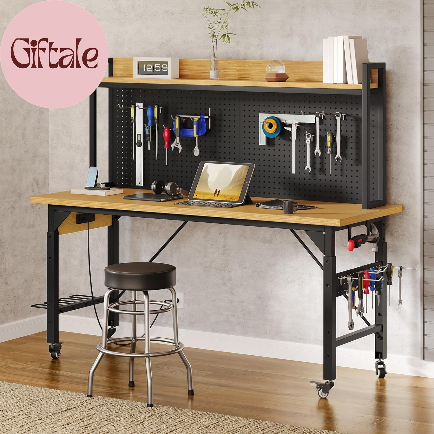 Adjustable Workbench with Pegboard 48", Heavy Duty Wood Top Work Bench with Whee