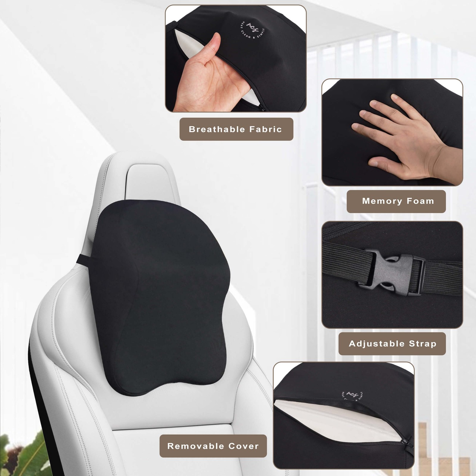 Car Headrest Pillow Memory Foam Adjustable Strap Ergonomic Neck Support Driving