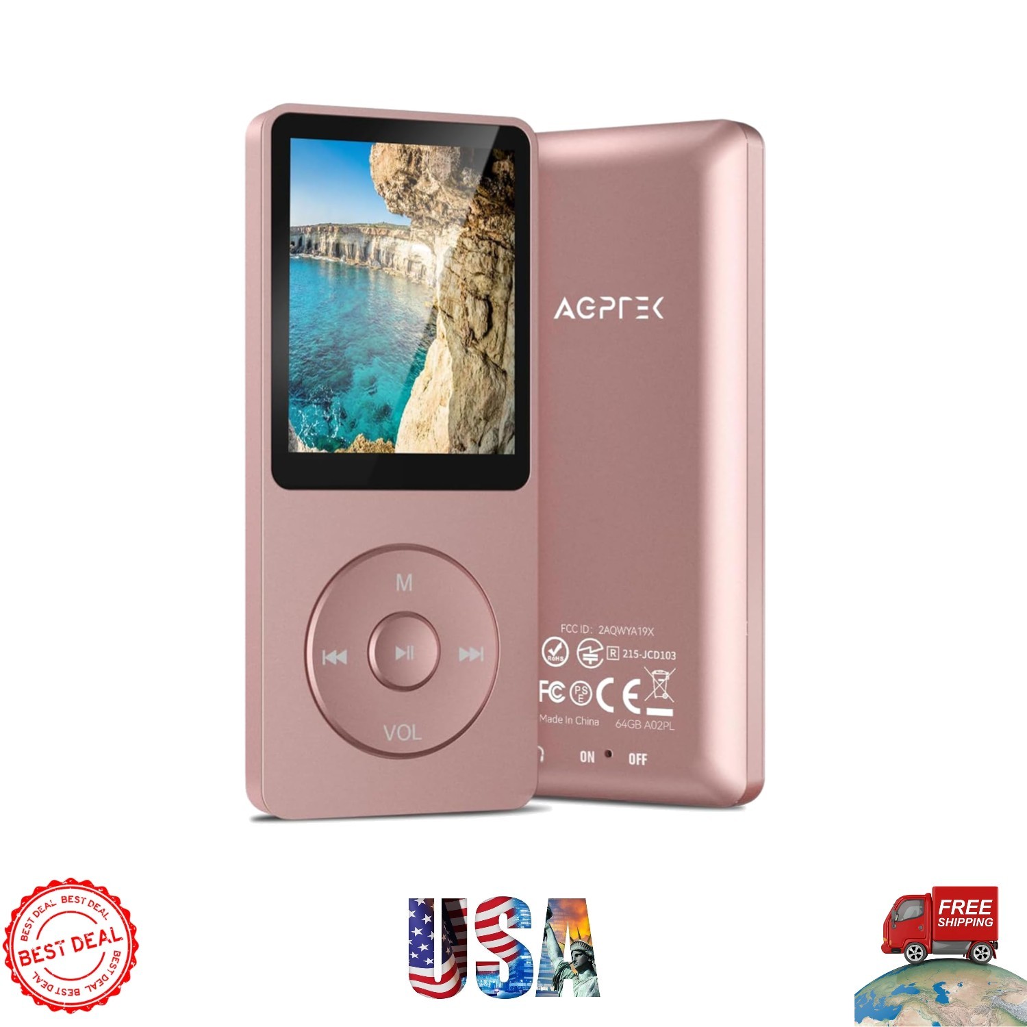 Elegant Rose Gold 64GB MP3 Player - Long Battery Life & Easy Operation