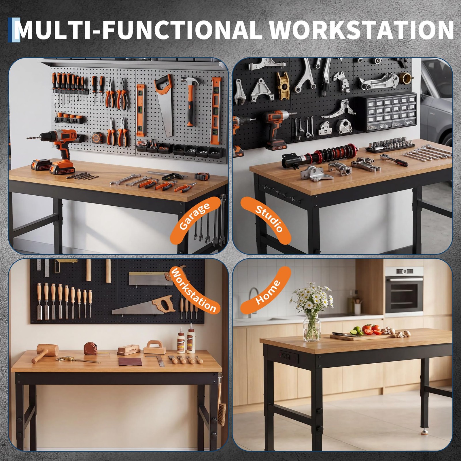 48" Adjustable Workbench 2200LBS Heavy Duty Work Table Garage with Power Outlets