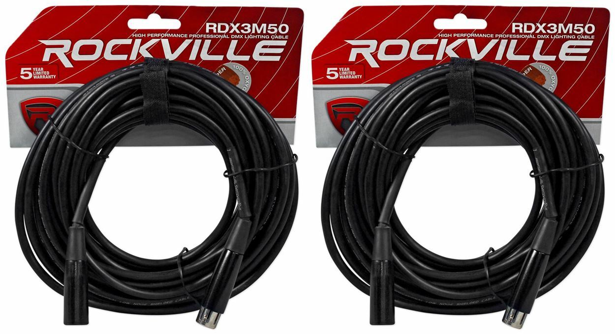 (2) Rockville RDX3M50 50 Foot 3 Pin DMX Lighting Cables 100% OFC Female to Male