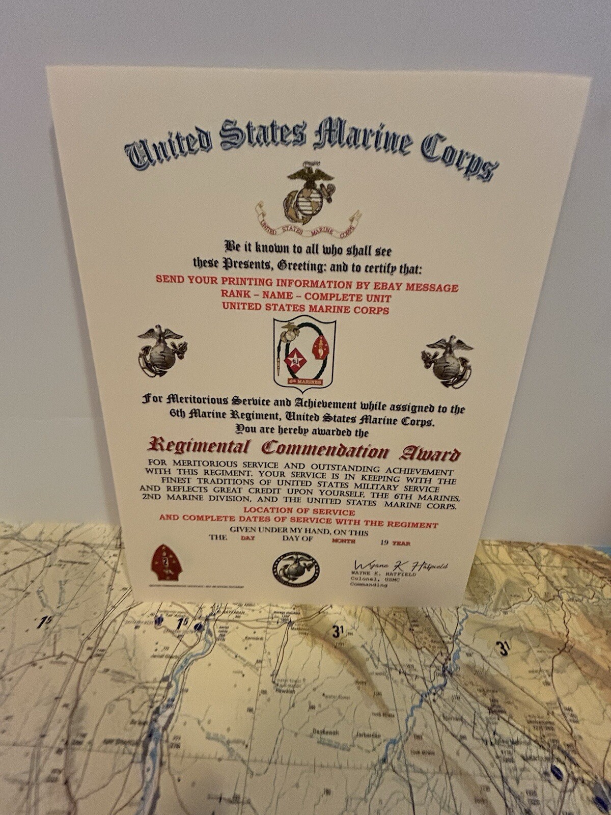 U.S.M.C. / 6TH MARINE REGIMENT - REGIMENTAL COMMENDATION AWARD CERTIFICATE