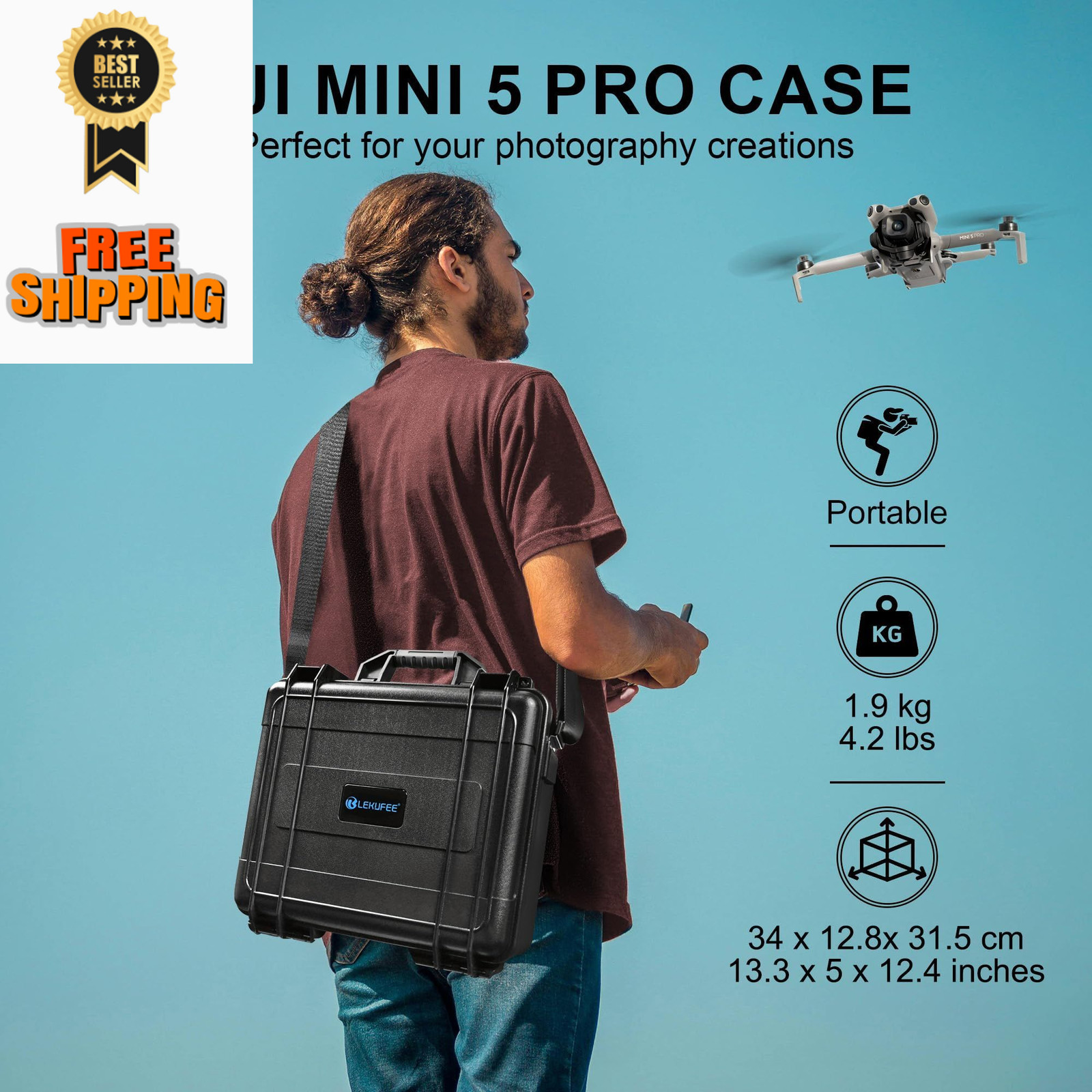 Lekufee Waterproof Hard Carrying Case for DJI 13.3 x 5 x 12.4 inches, Black