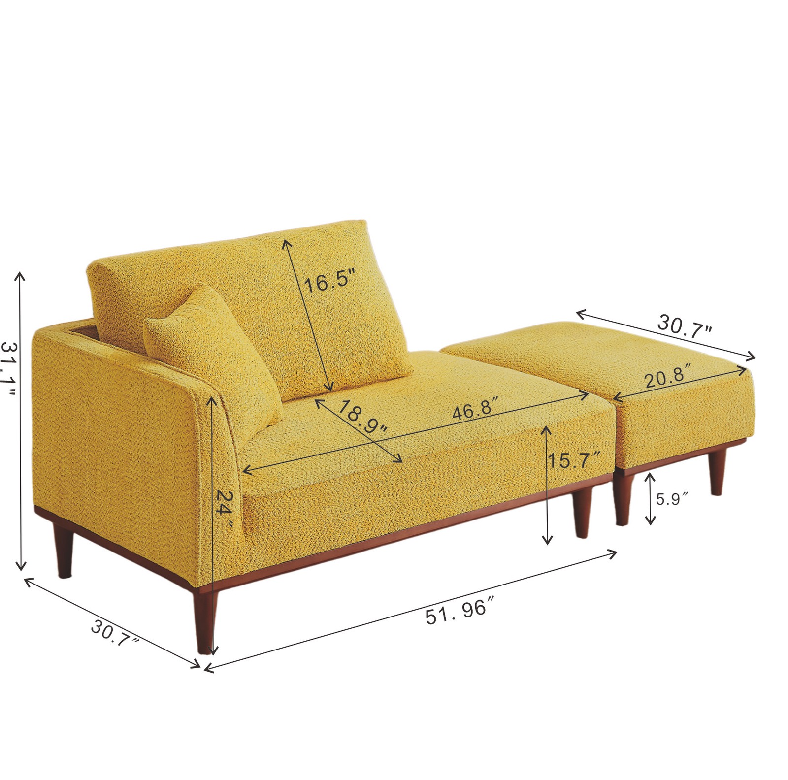 Yellow Fabric Chaise Lounge and Ottoman, Convertible for Living Room Bedroom