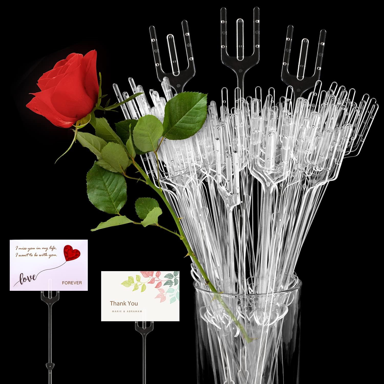 100Pcs Plastic Floral Pick Card Holders Clear Fork Shaped Flower Place Card Hold