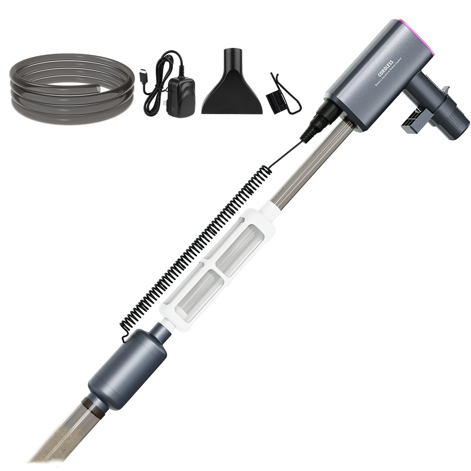 Cordless Aquarium Gravel Cleaner Vacuum, 36W Electric Fish Tank Titanium Gray