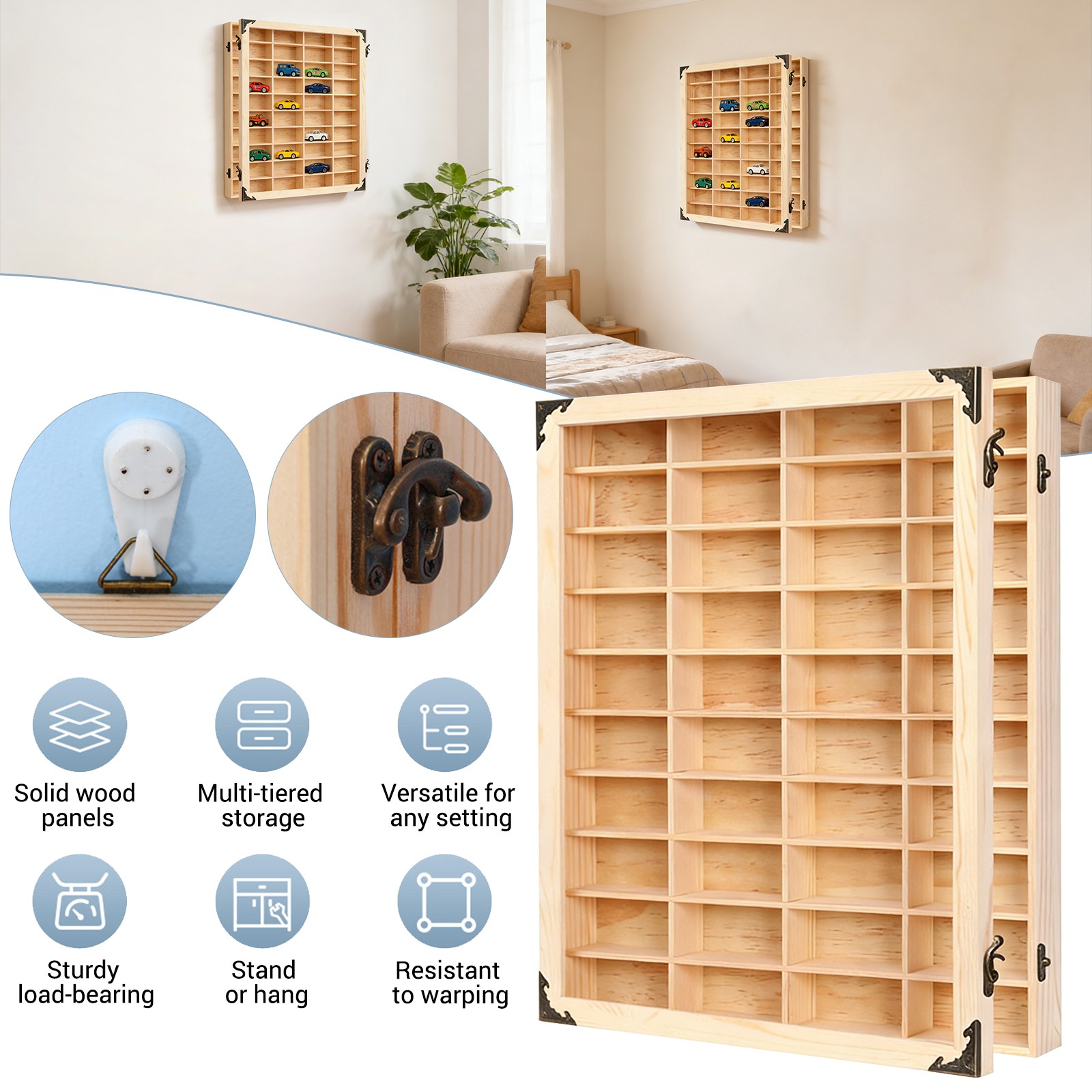 1:64 Toy Cars Wooden Display Case with Dust Resistant Door Store Up to 40 Cars