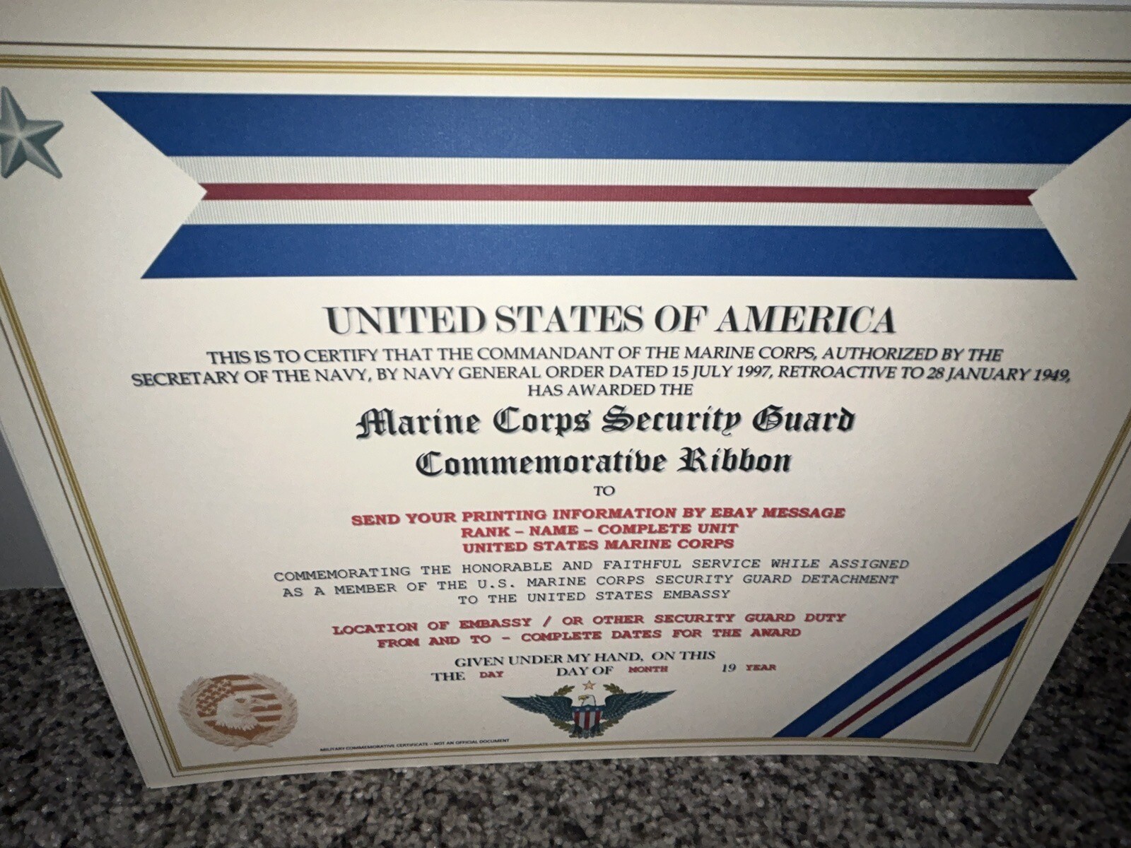 MARINE CORPS SECURITY GUARD RIBBON COMMEMORATIVE CERTIFICATE ~ W/PRINTING TYPE-1