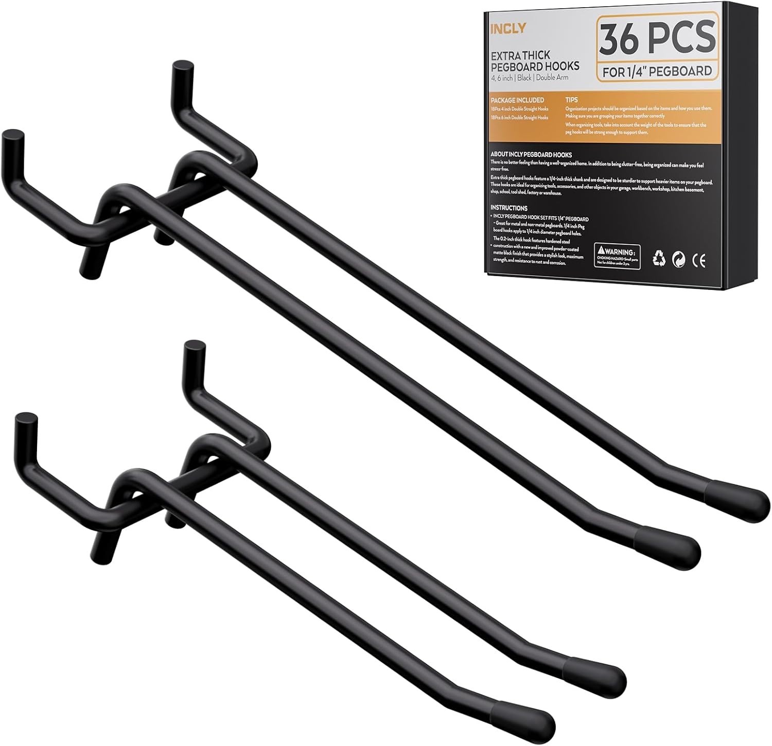 INCLY 4/6 Inch Black Pegboard Hooks, 36 Pack Heavy Duty Double Arm Peg Board ...