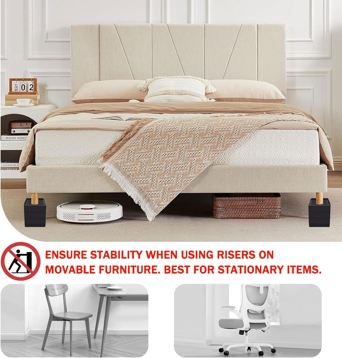 Stackable Bed Risers for Enhanced Storage - 1300 lb Capacity, 3 Inch Elevation