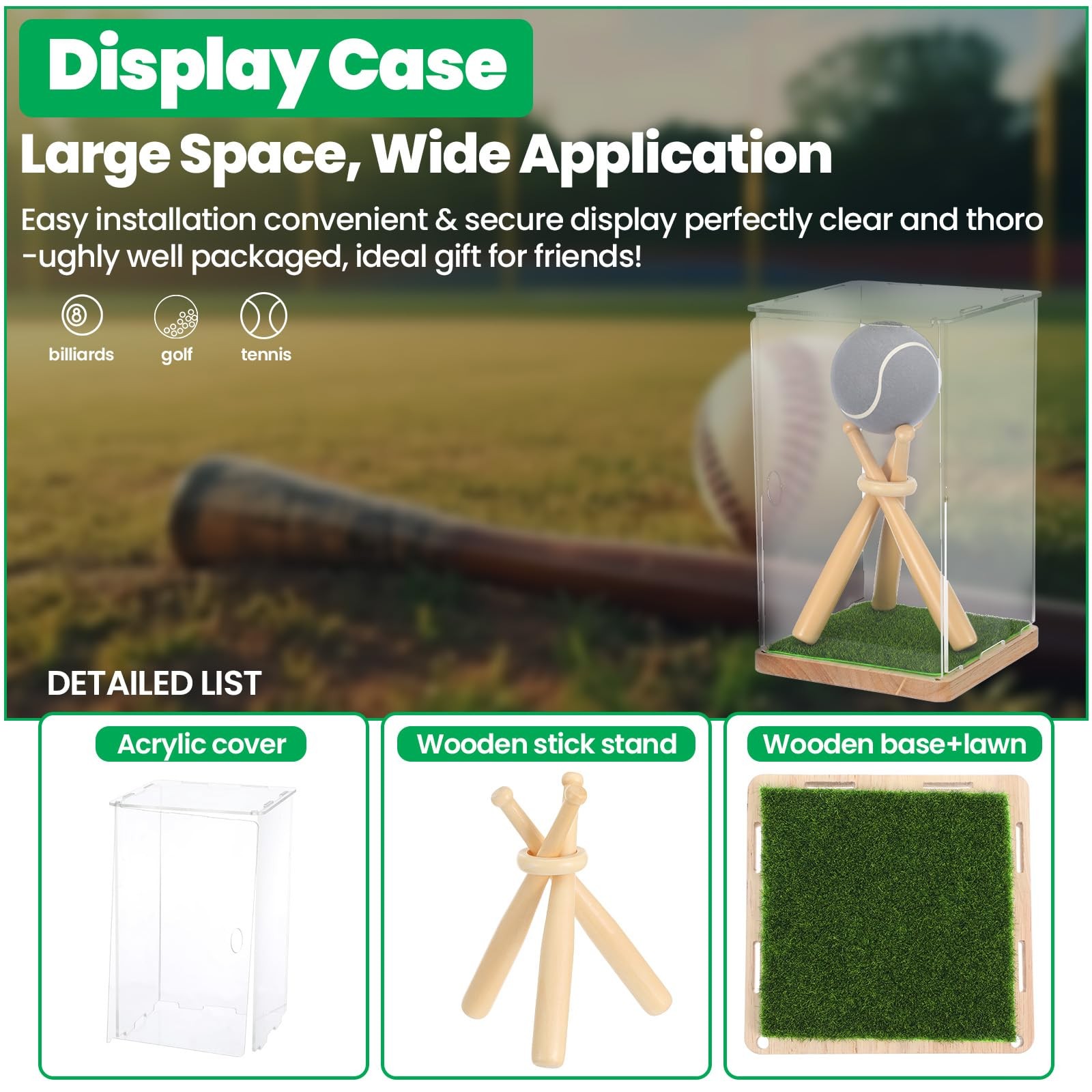 Game Ball Display Case with Baseball Holders for Display, Wooden Base & UV Pr...
