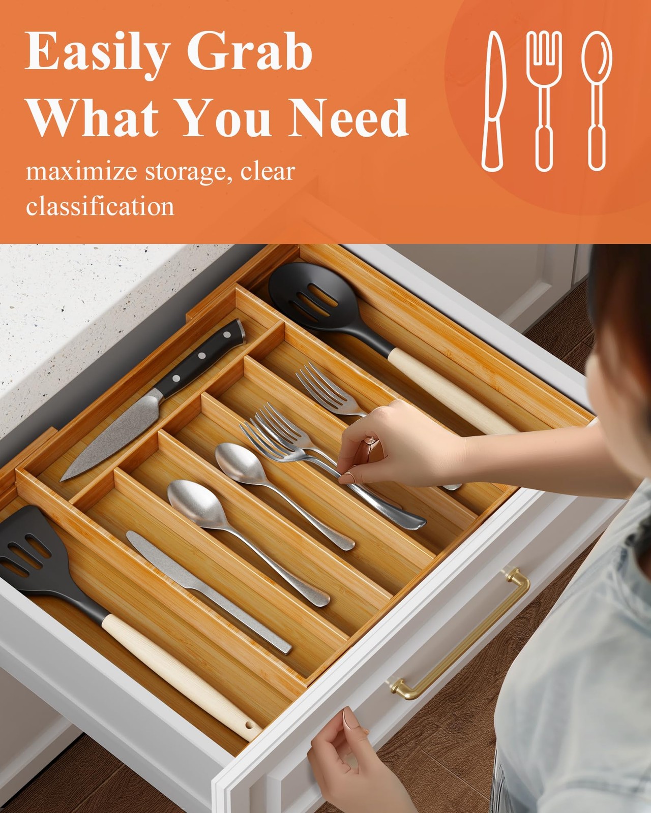 Kitsure Large Bamboo Silverware Organizer - Expandable Extra Large, Natural