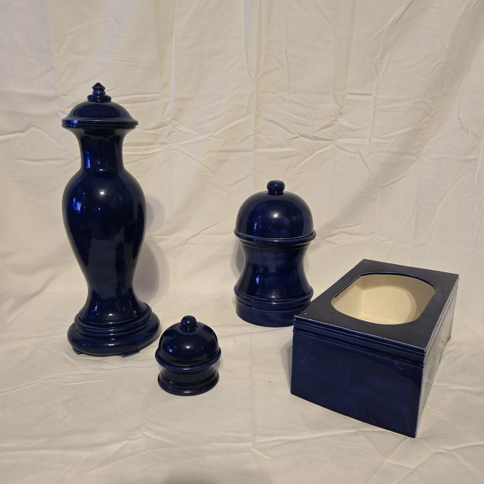 Vintage Ceramic Bathroom Set Hand Made.    Cobalt Blue Set Of 4