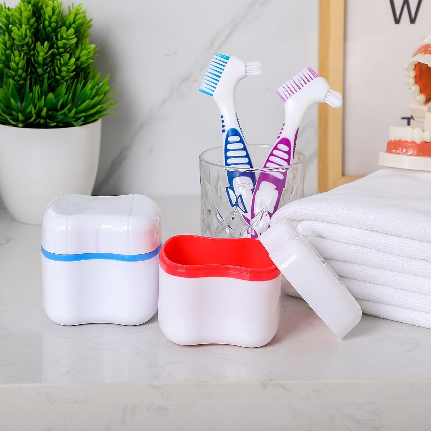 2 Denture Cases Denture Bath Cups with 2 Denture Cleaner Brushes Retainer Cle...