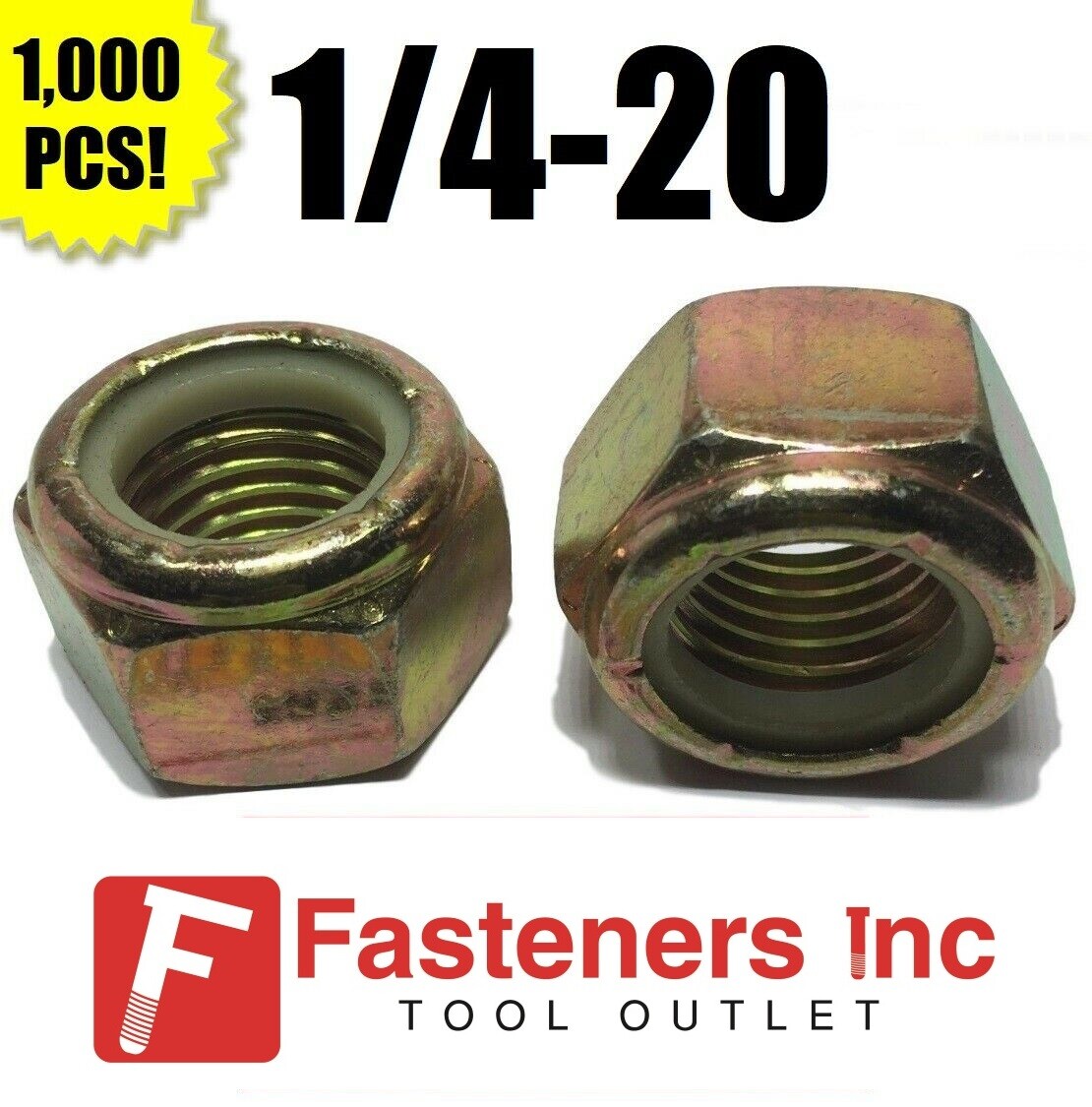 (Qty 1000) 1/4-20 Grade 8 Nylon Insert Lock Nuts Nylock Yellow Zinc Plated