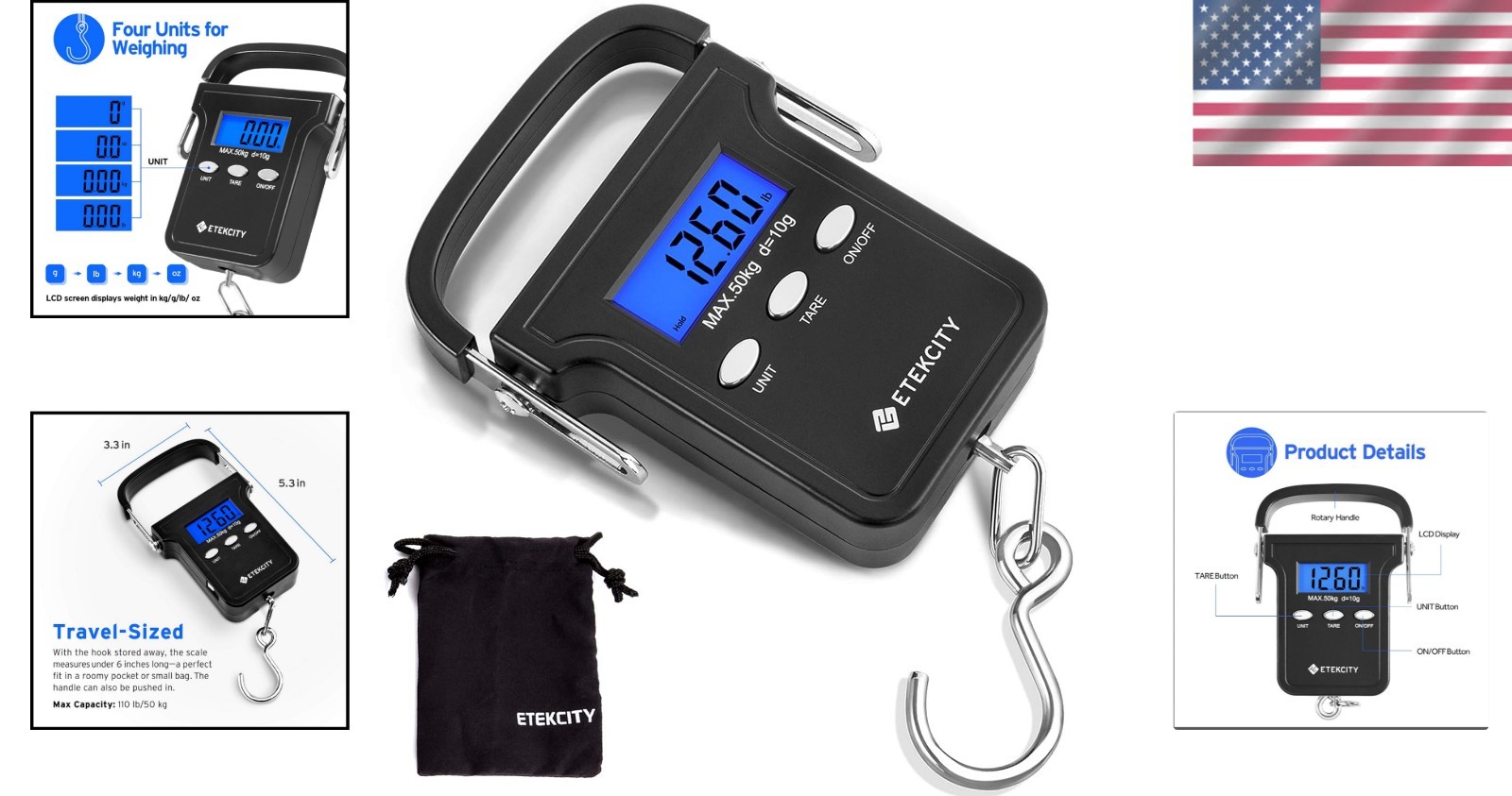 Compact Digital Fishing Scale - 110lb Capacity, Non-Slip Handle, Backlit Display