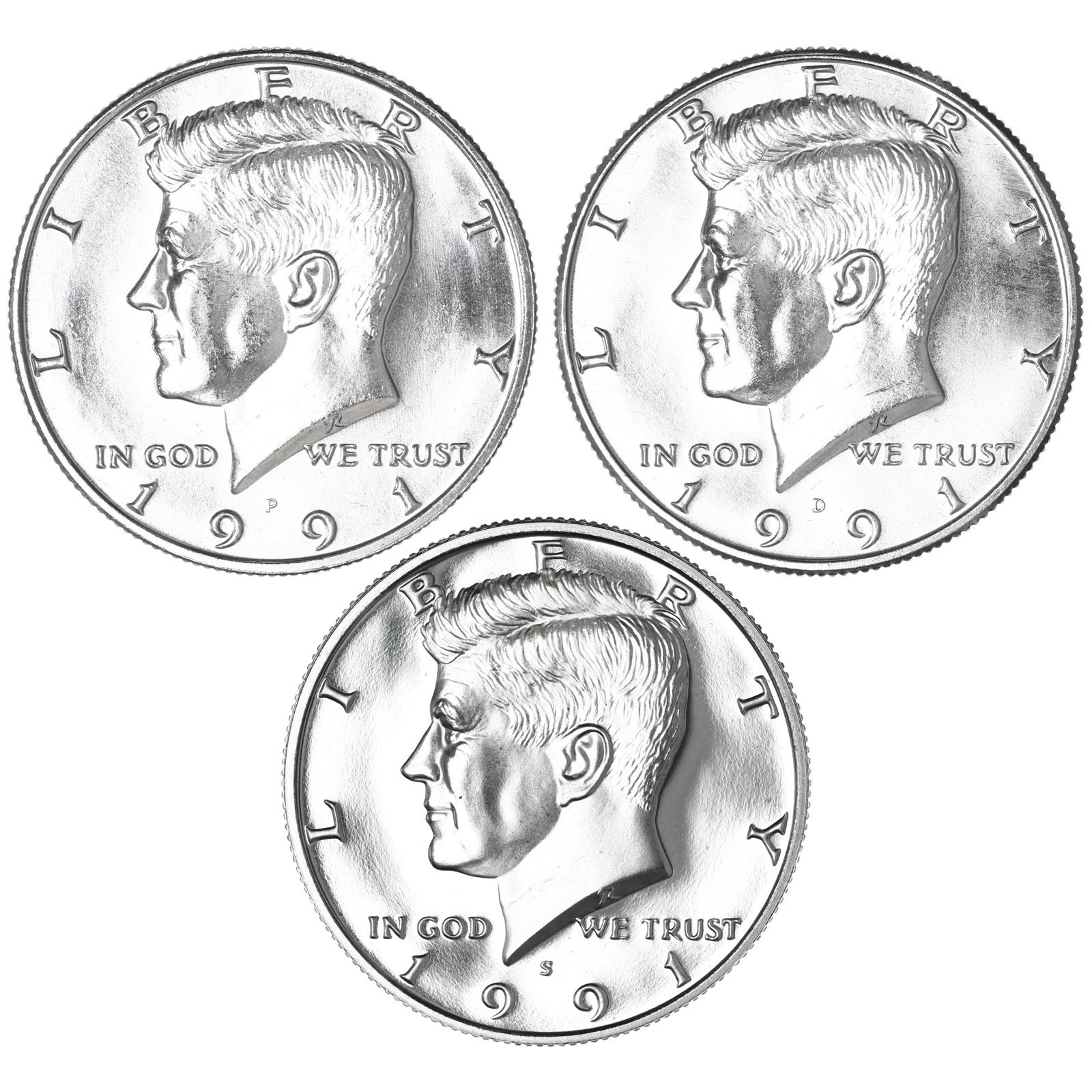 1991 P D S Kennedy Half Dollar Year Set Proof & BU US 3 Coin Lot
