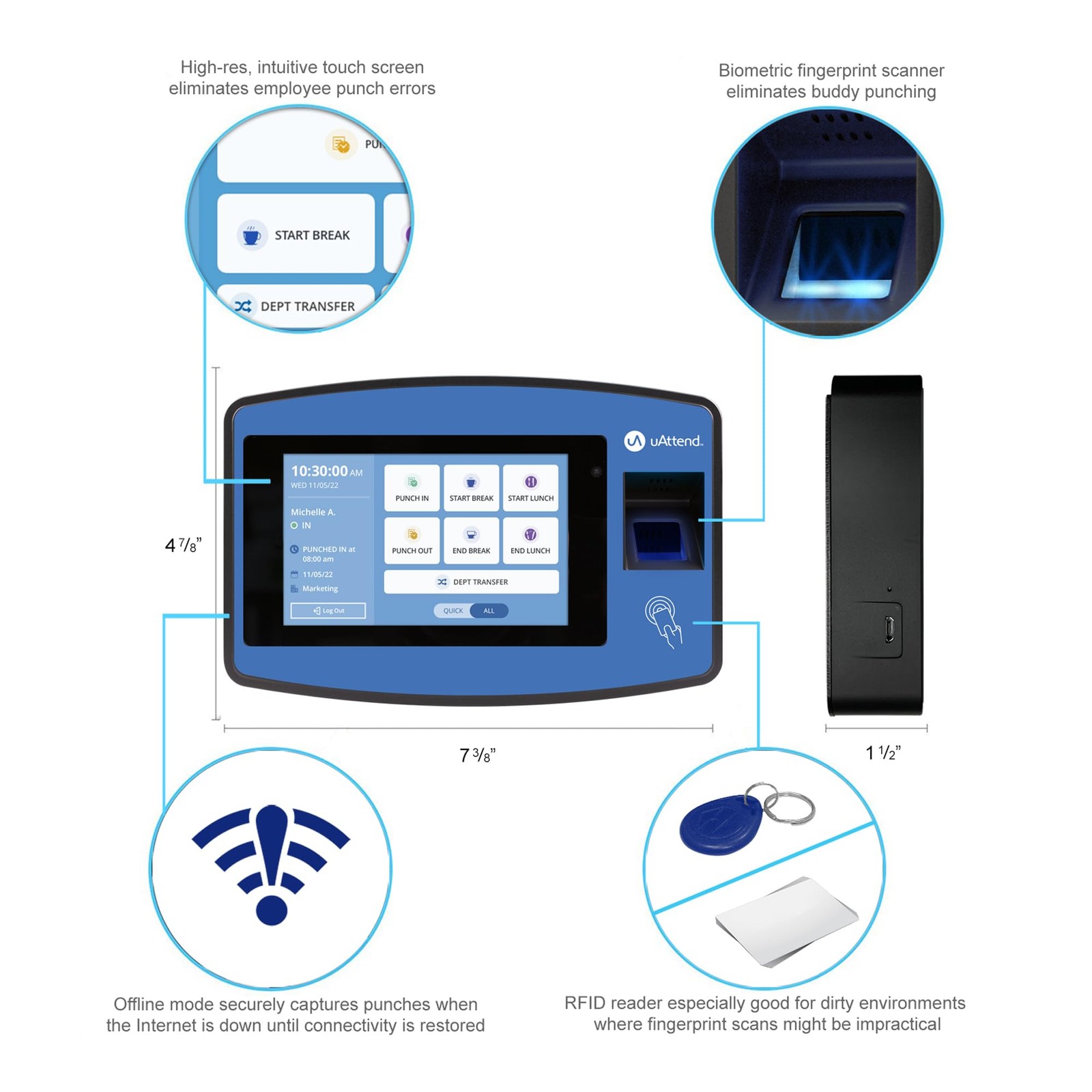 NX2500 Biometric Fingerprint Time Clock, RFID, PIN, Cloud-Based, Payroll Ready