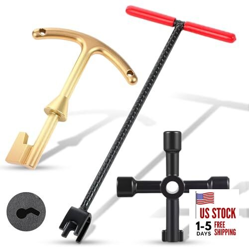 Water Meter Key Enforced Steel Wrench T-handle with 4-way 16 Inch Red, Gold