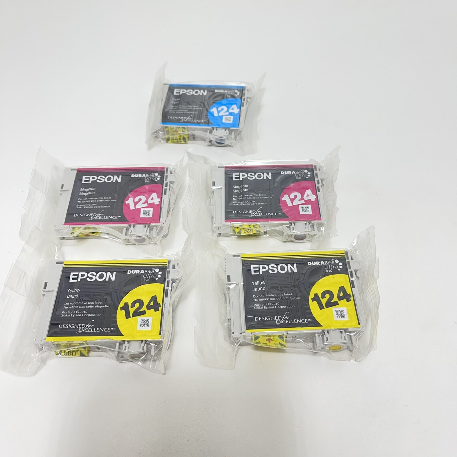 5 New Genuine Epson 124 Ink Set 2 Yellow 1 Cyan 2 Magenta Sealed Bags