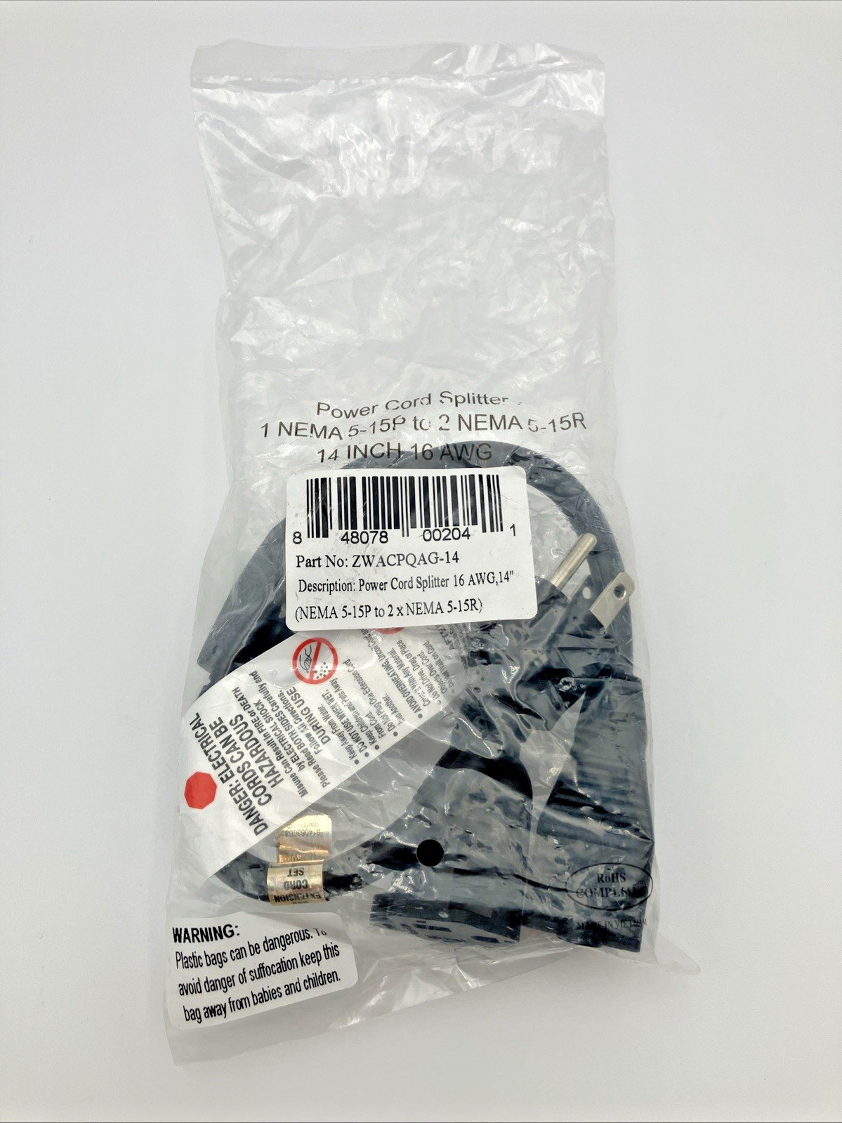 1 In 2 Out AC Power Cord Splitter - AC Outlet Splitter Cord
