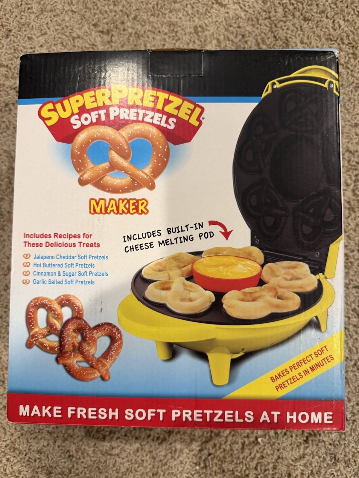 SUPER PRETZEL Soft Pretzels MAKER With Cheese Warmer new In Box
