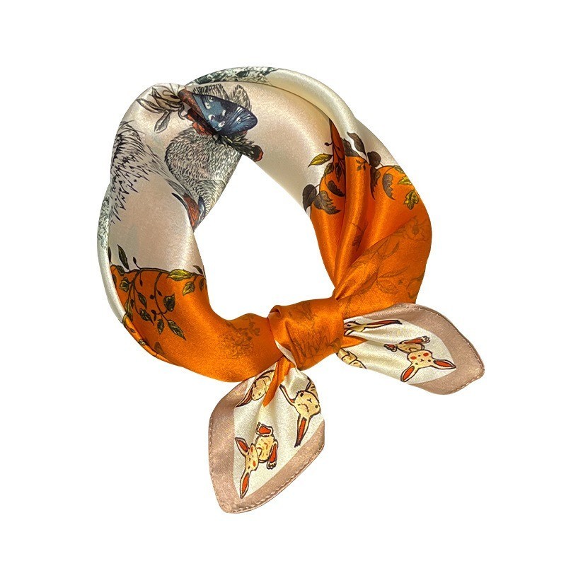 100% Mulberry Silk 21" Square Scarf Women Neckerchief Wrap White Orange Rabbit
