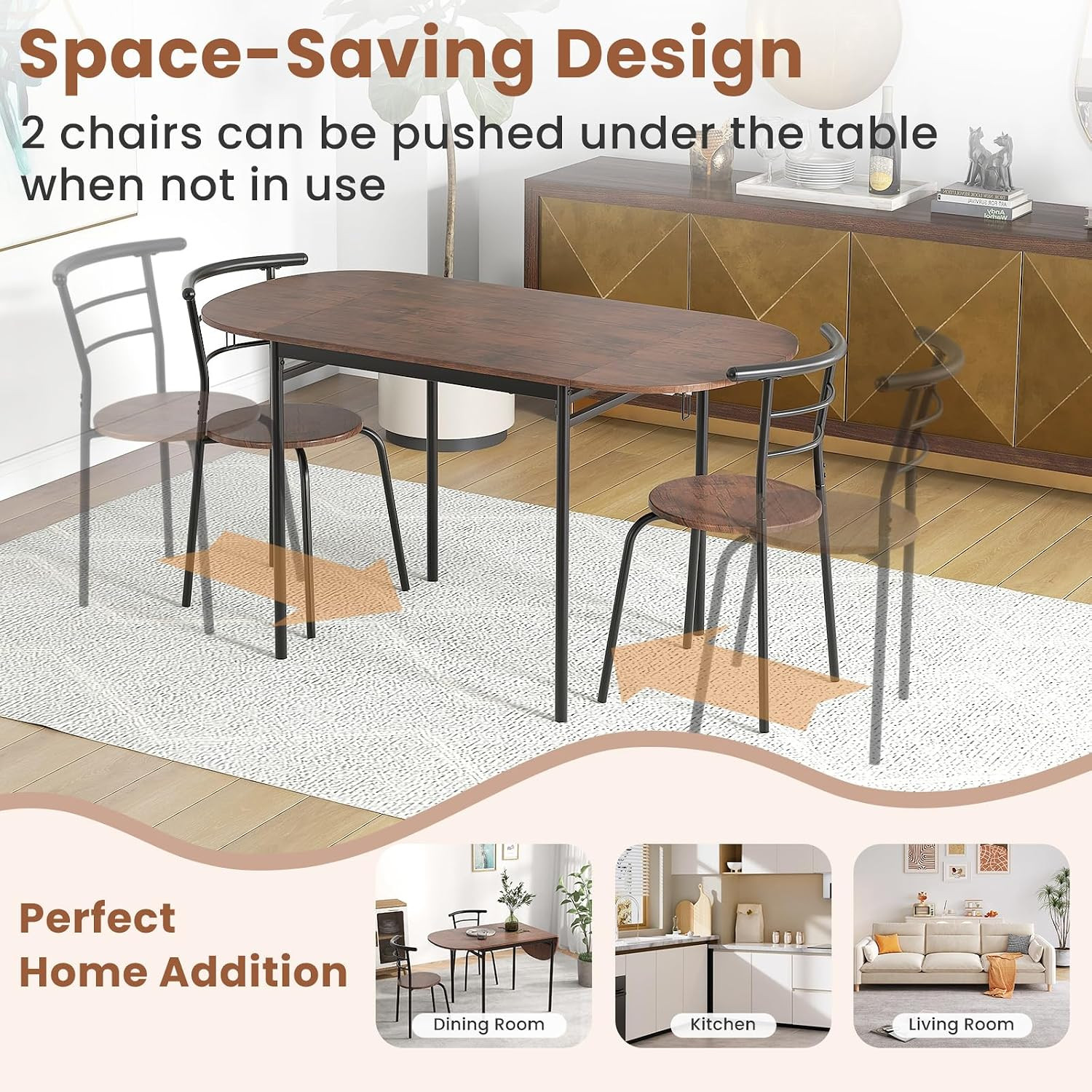 3-Piece Dining Table Set for 2, 55-Inches Drop Leaf Kitchen Table with Dining Ch