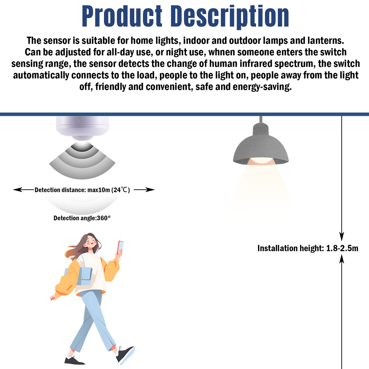 Mini Motion Sensor Light Switch, PIR Infrared Sensor, Time Delay, for LED, Bulb