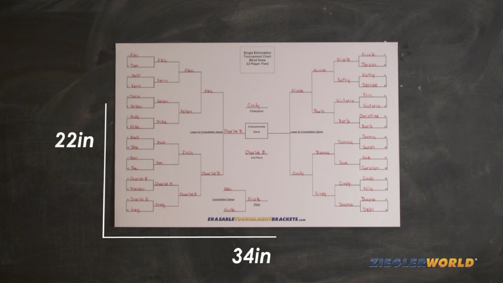 REUSABLE 32 PLAYER DOUBLE ELIMINATION TOURNAMENT BRACKET CHART - SEEDED - 22x34