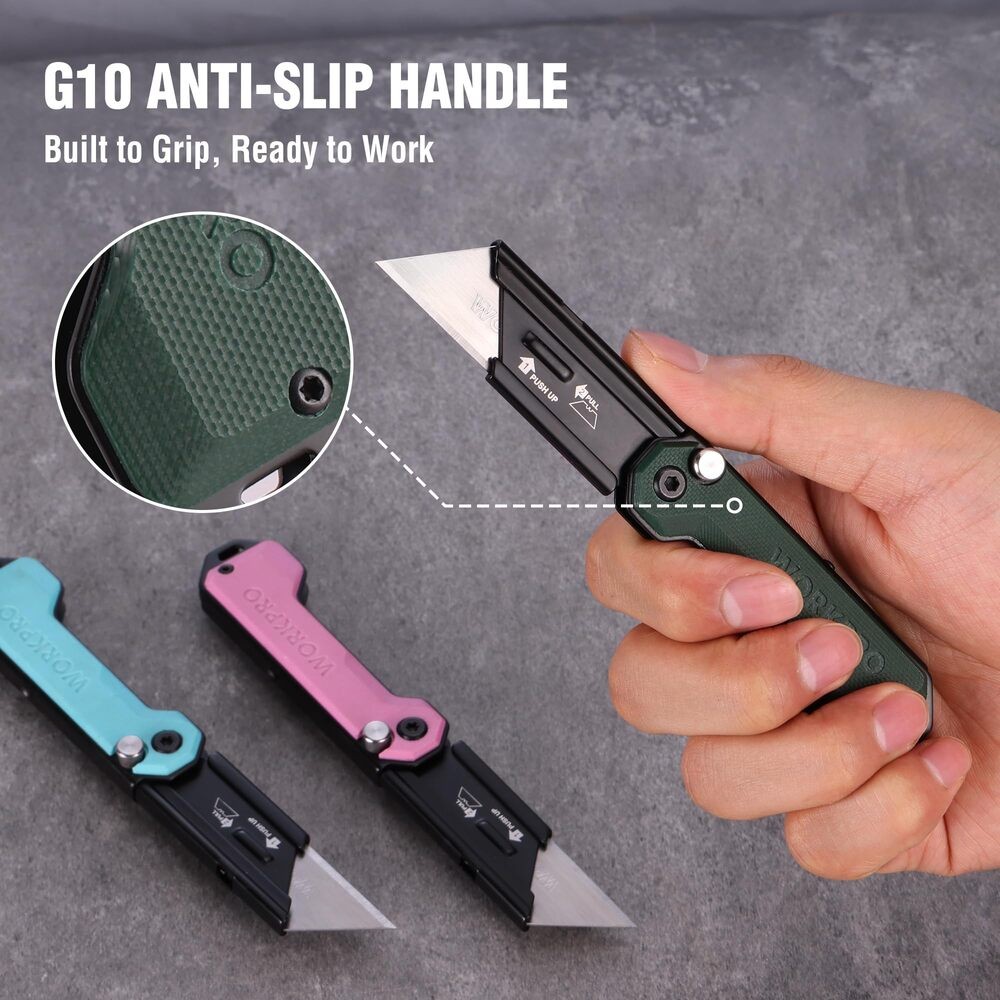 WORKPRO 3PCS Folding Utility Knife Box Cutter G10 Handle Axis Quick Change Blade