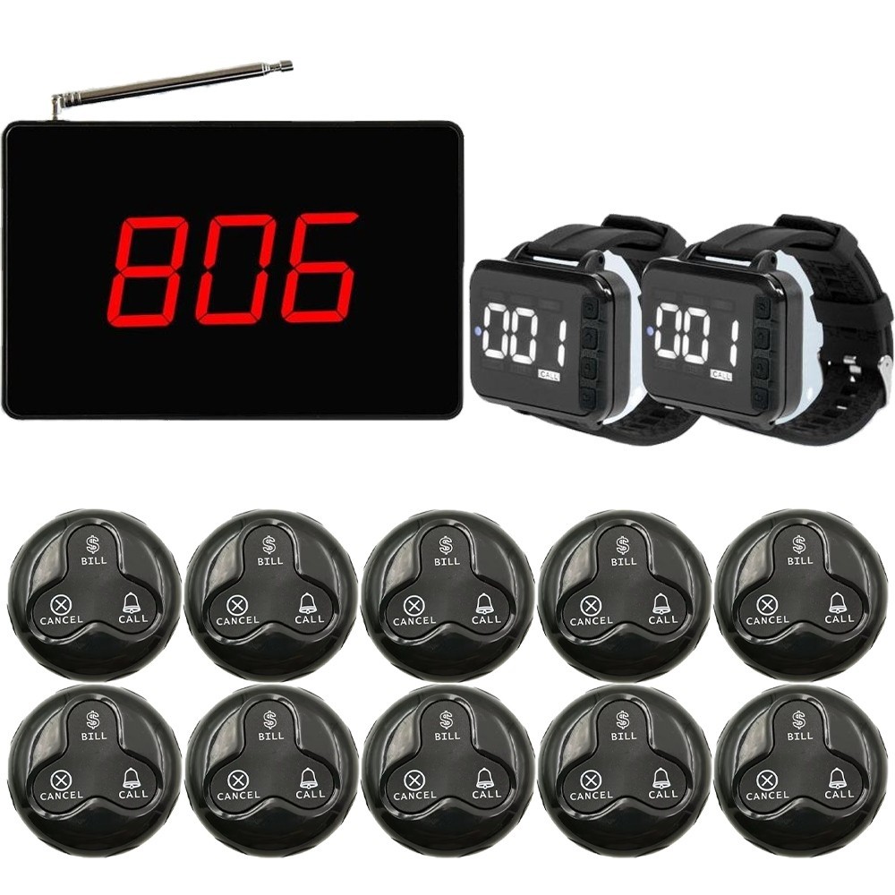 Restaurant Wireless Call System With 1 Display Screen+2 Watches+10 Call Buttons