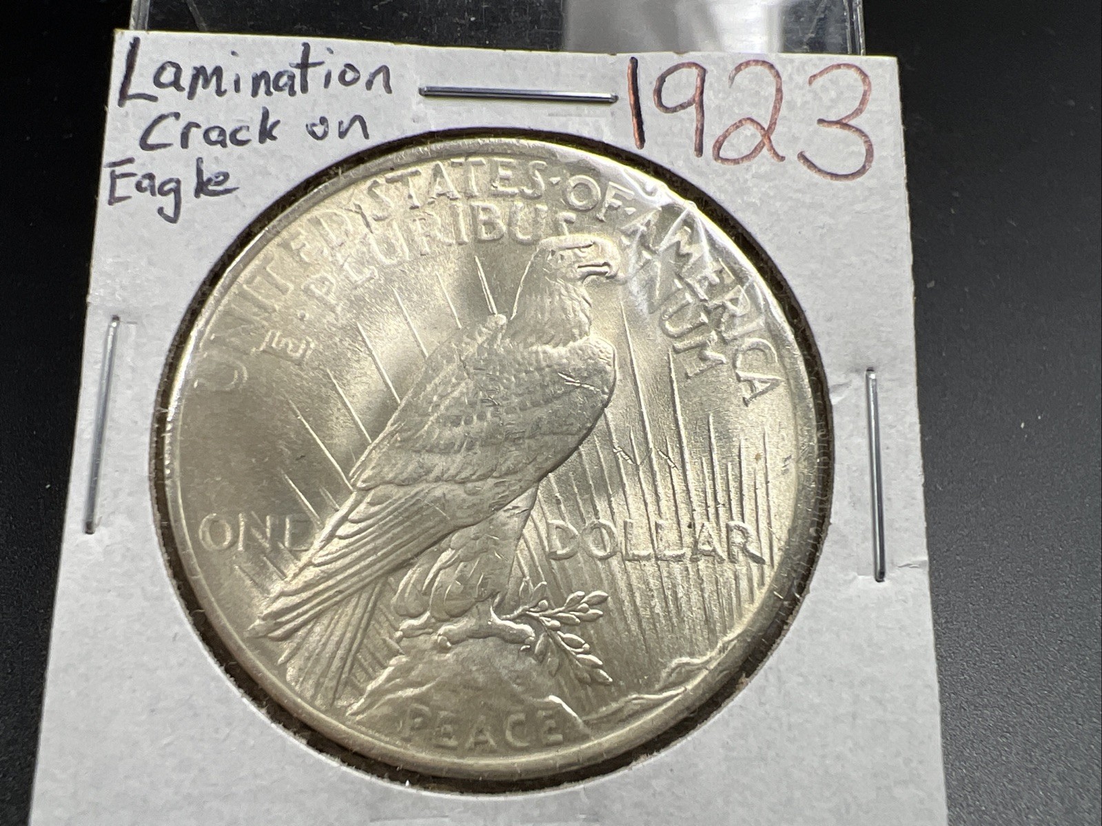 1923 P $1 Peace Silver Dollar Coin Reverse Lamination Error CH BU