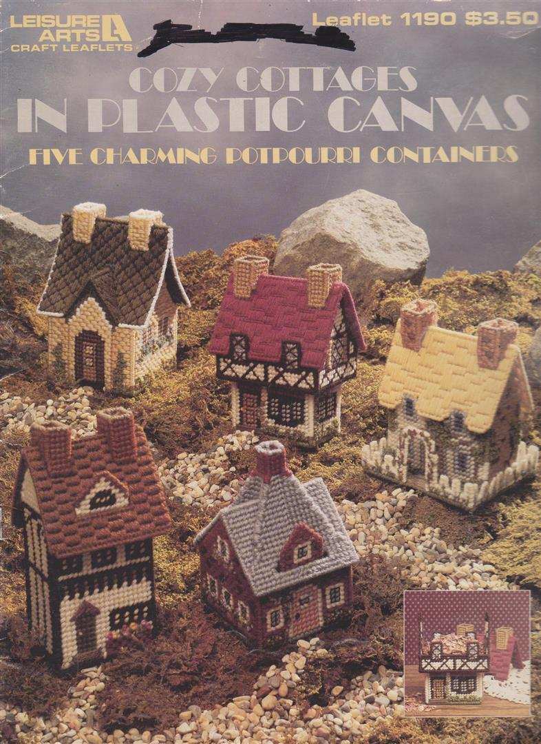 COZY COTTAGES IN PLASTIC CANVAS 5 CHARMING POTPOURRI CONTAINERS