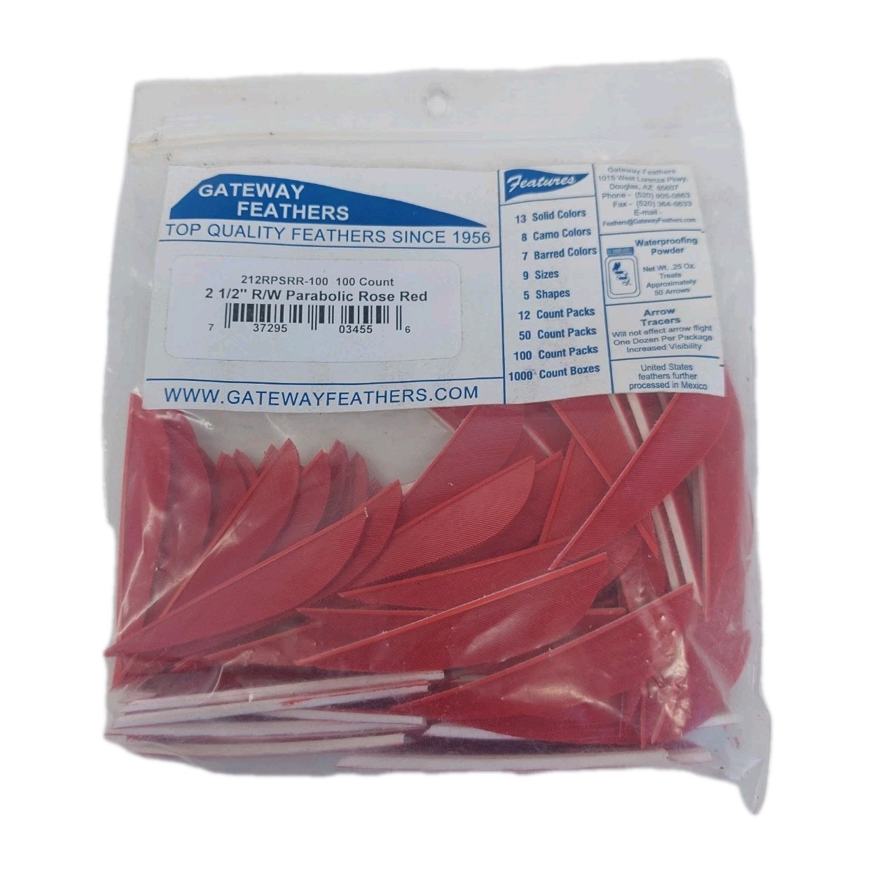 100 Pack Gateway Feathers 2.5" Right Wing: Parabolic Rose Red 212RPSRR-100