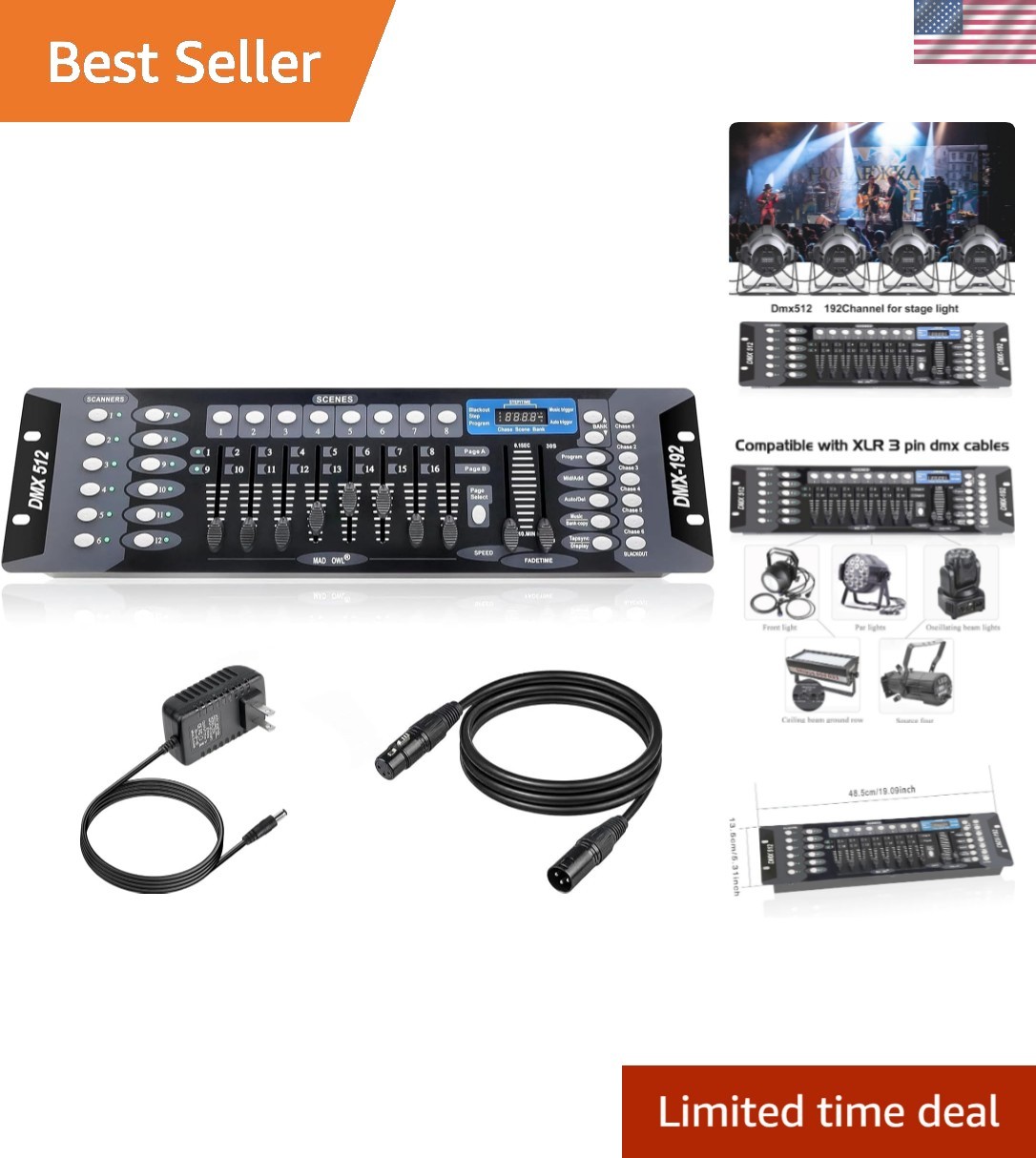 192-Channel DMX Controller for DJs – Rack Mount Lighting Console with Cable