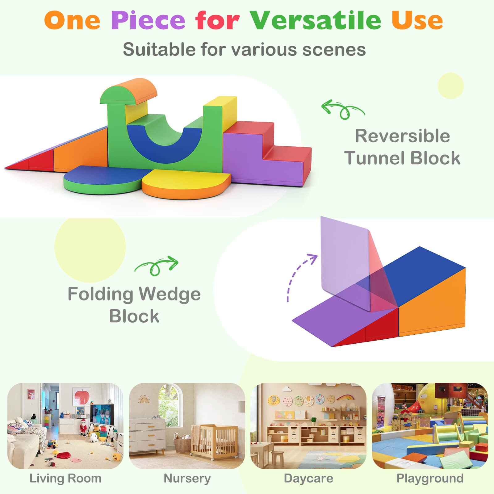 7PCS Soft Foam Climbing Blocks Set w/Slide & Tunnel, Waterproof & Easy to Clean