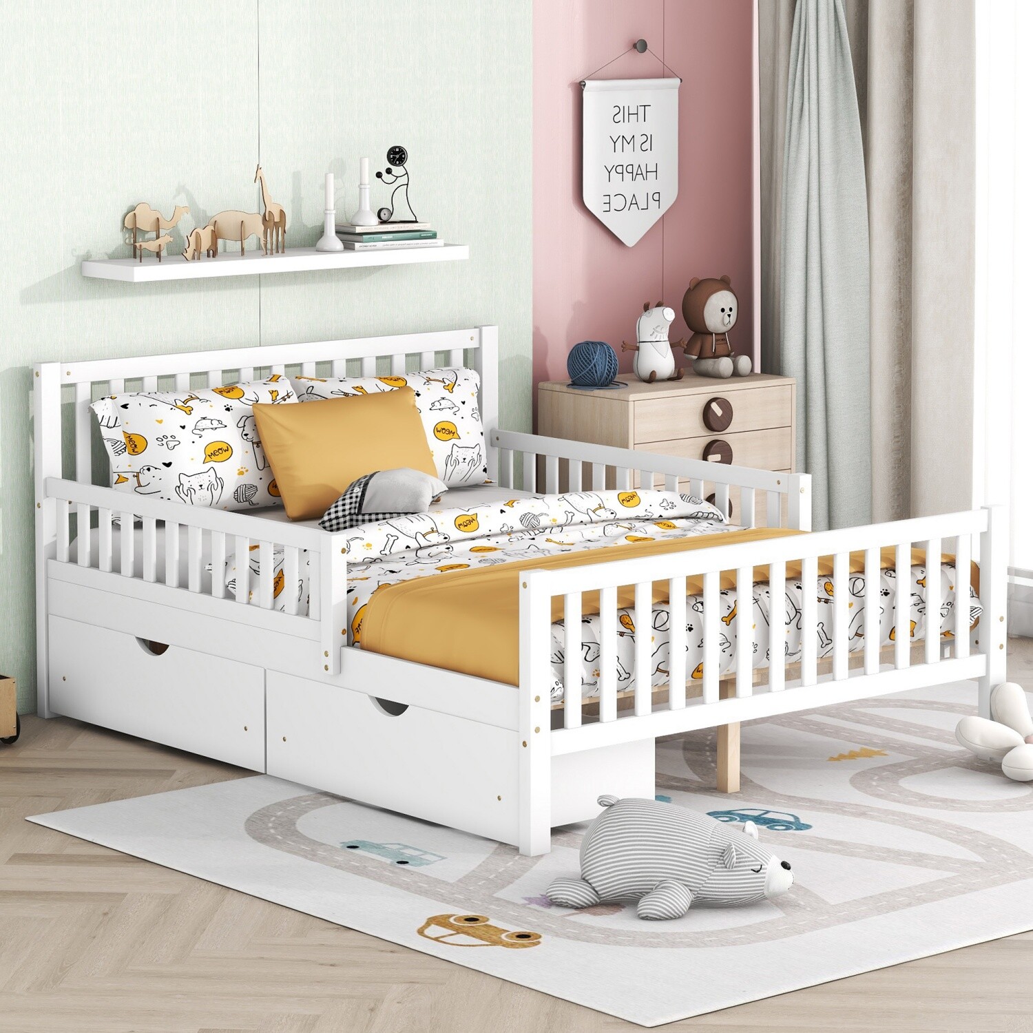 Full Size Bed Frame Wood Platform Bed Frame with 2 Drawer & Guardrails White