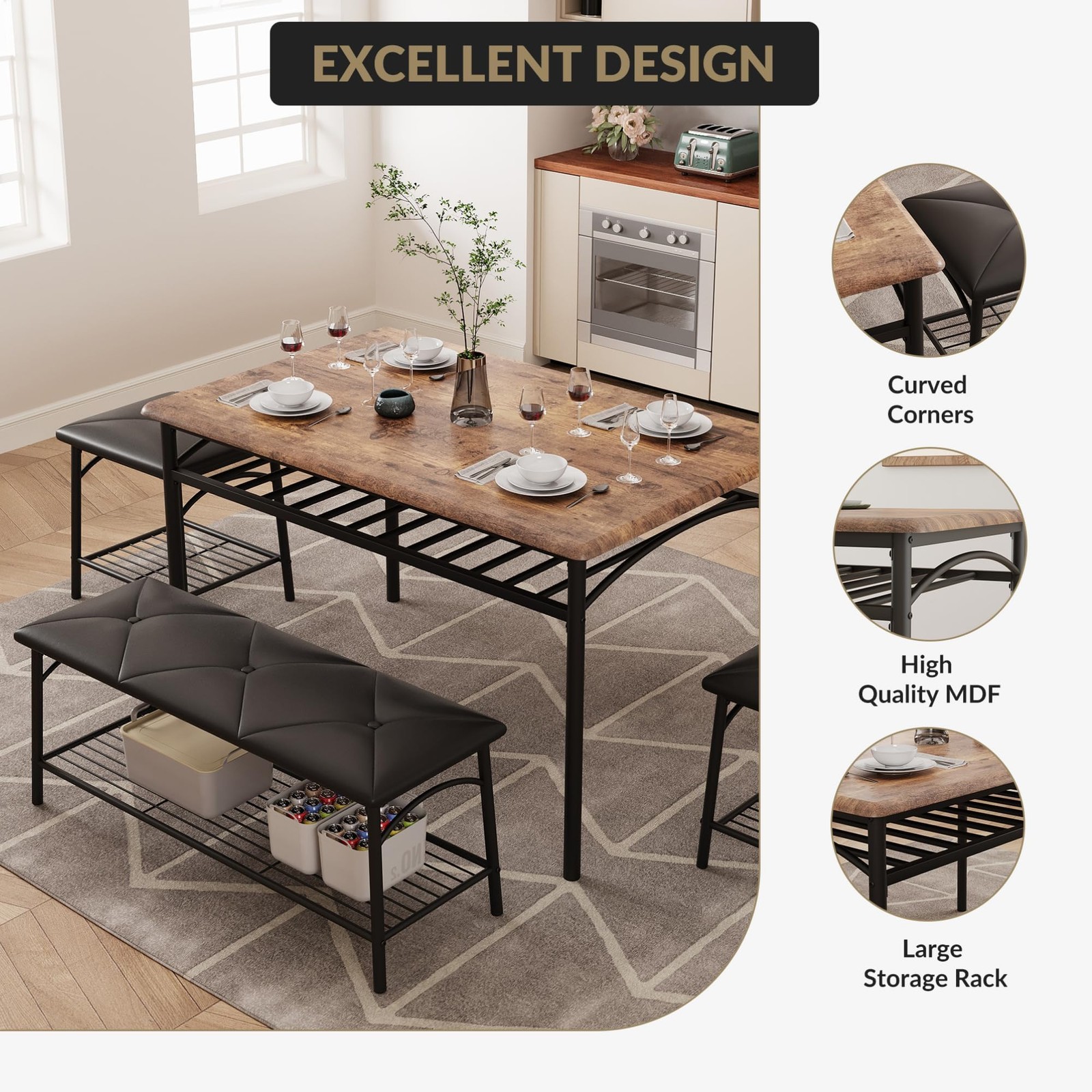 4PCS Dining Set w/ Storage Shelf, Kitchen Table w/ Upholstered Bench & 2 Stools
