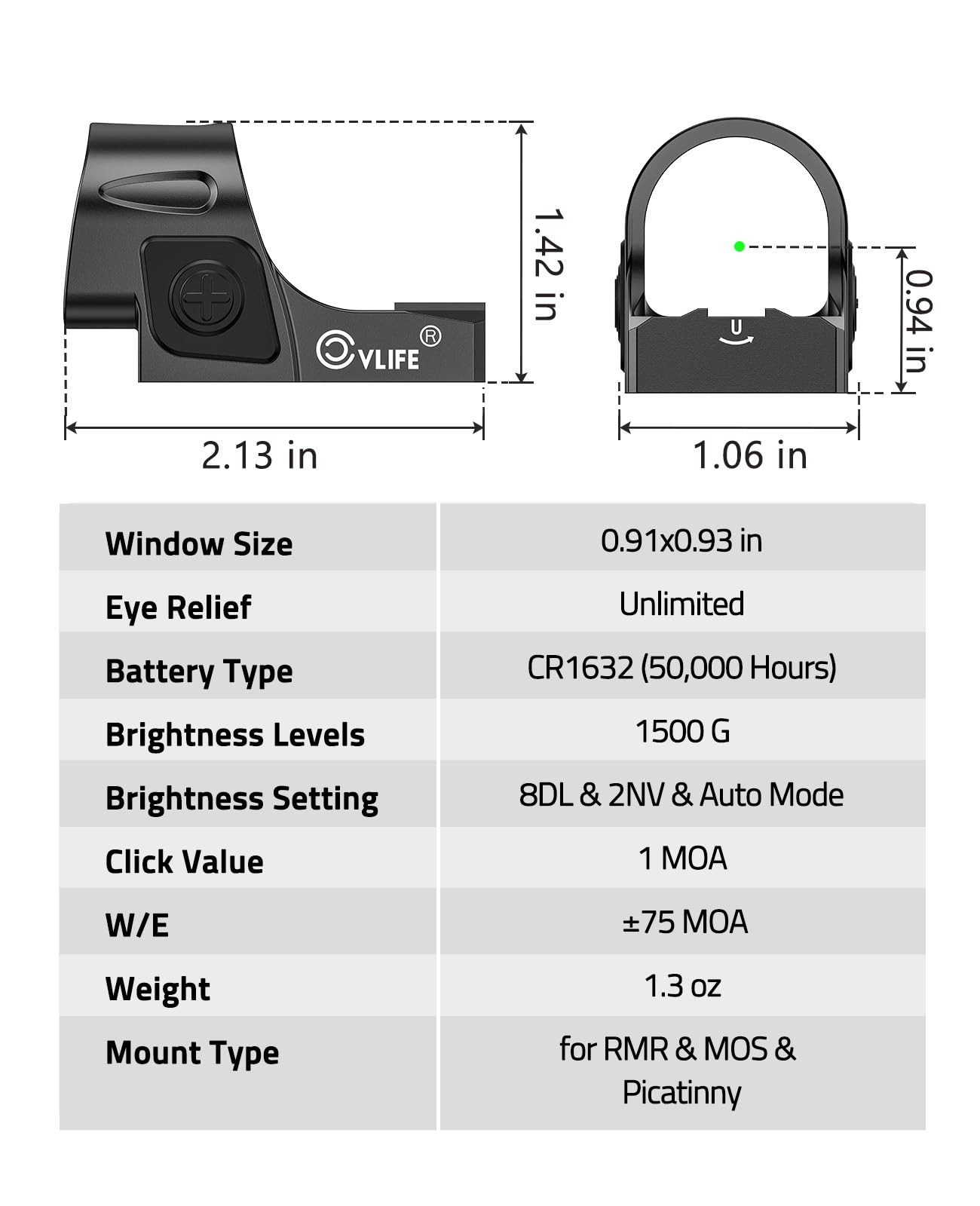 Motion Awake Reflex Green Dot Sight 3 MOA Dot & 32 MOA Circle OpticSight For RMR