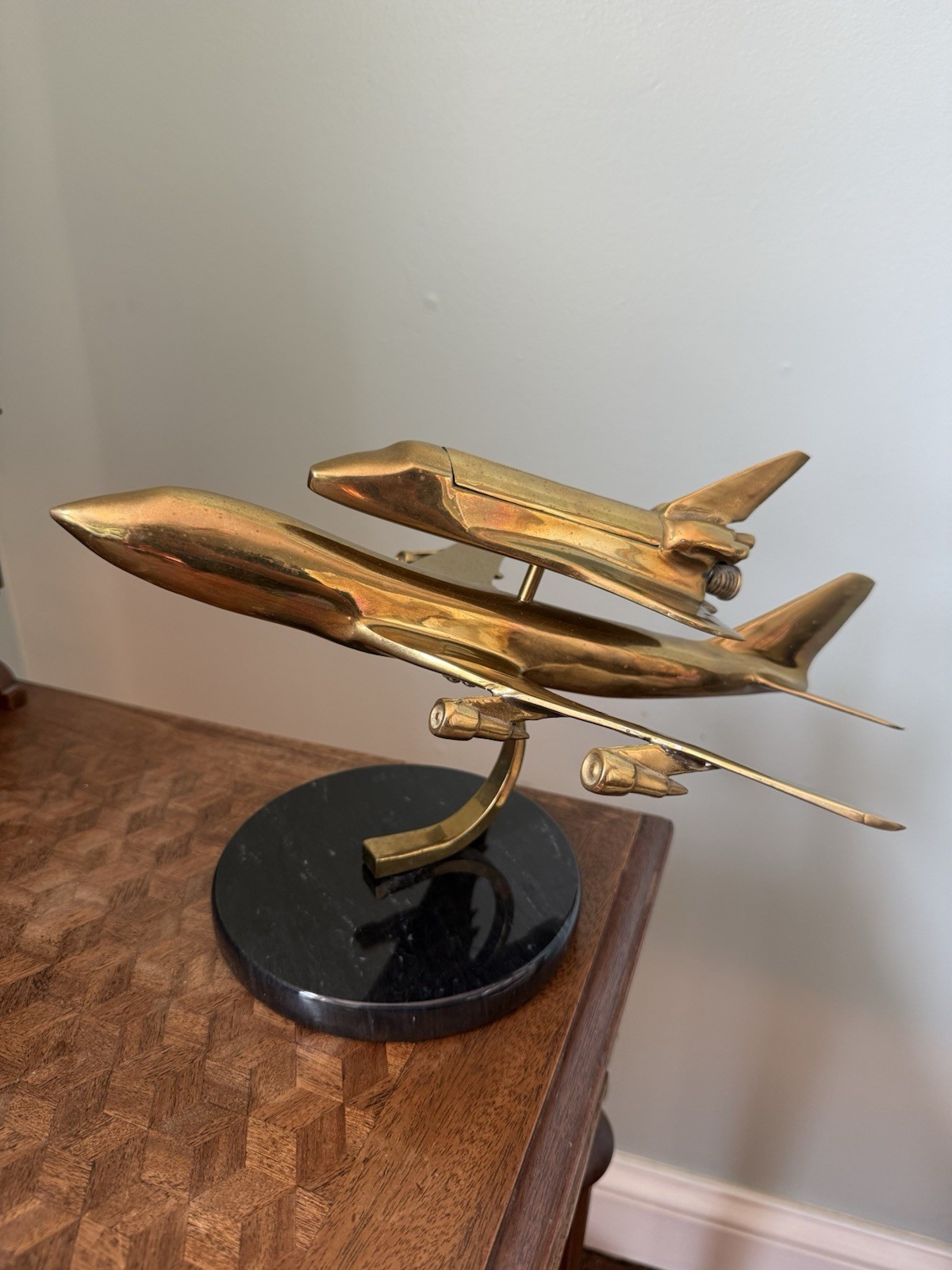 Vintage Brass Space Shuttle Piggyback Aircraft w/ Marble Base NASA Desk Statue
