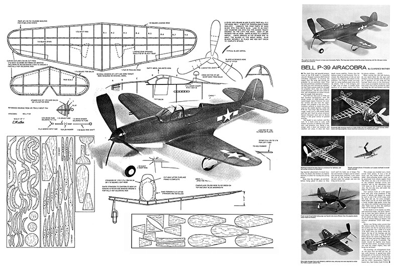 Model Airplane Plans (FF): WWII Bell P-39 Airacobra 1/24 Scale 17" Rubber Power