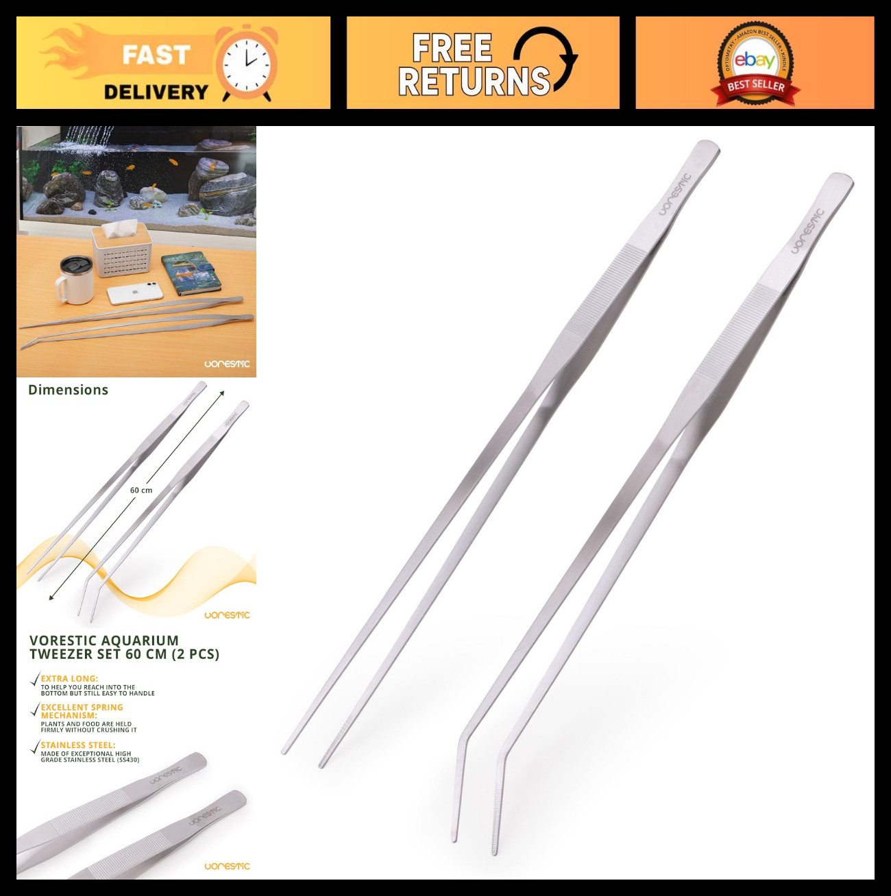 23.6 Inch Stainless Steel Aquarium Tweezers Set - Straight & Curved for Aquascap