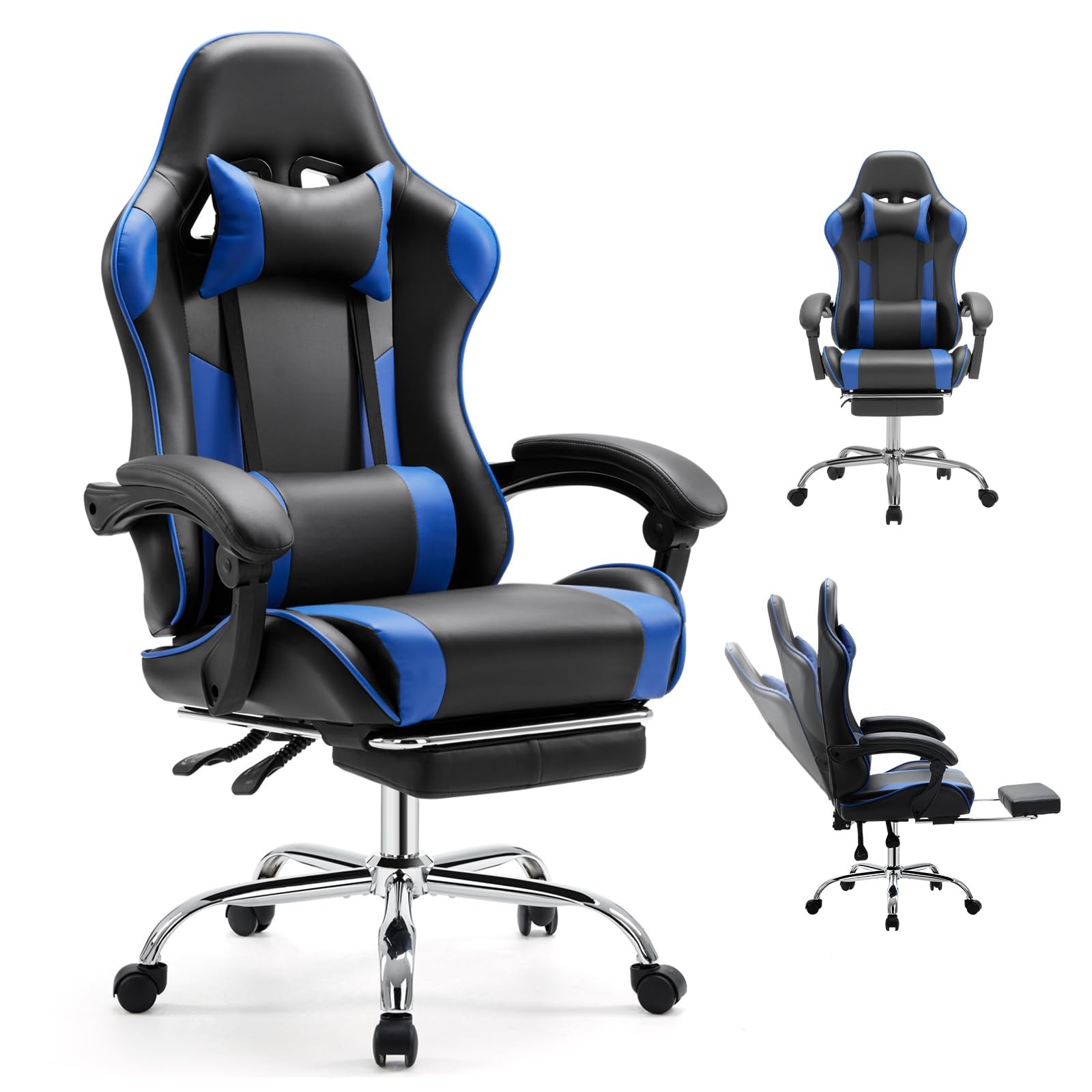 DUMOS Ergonomic Gaming Office Desk PU Leather 27"D x 25"W x 52"H, Deep Blue
