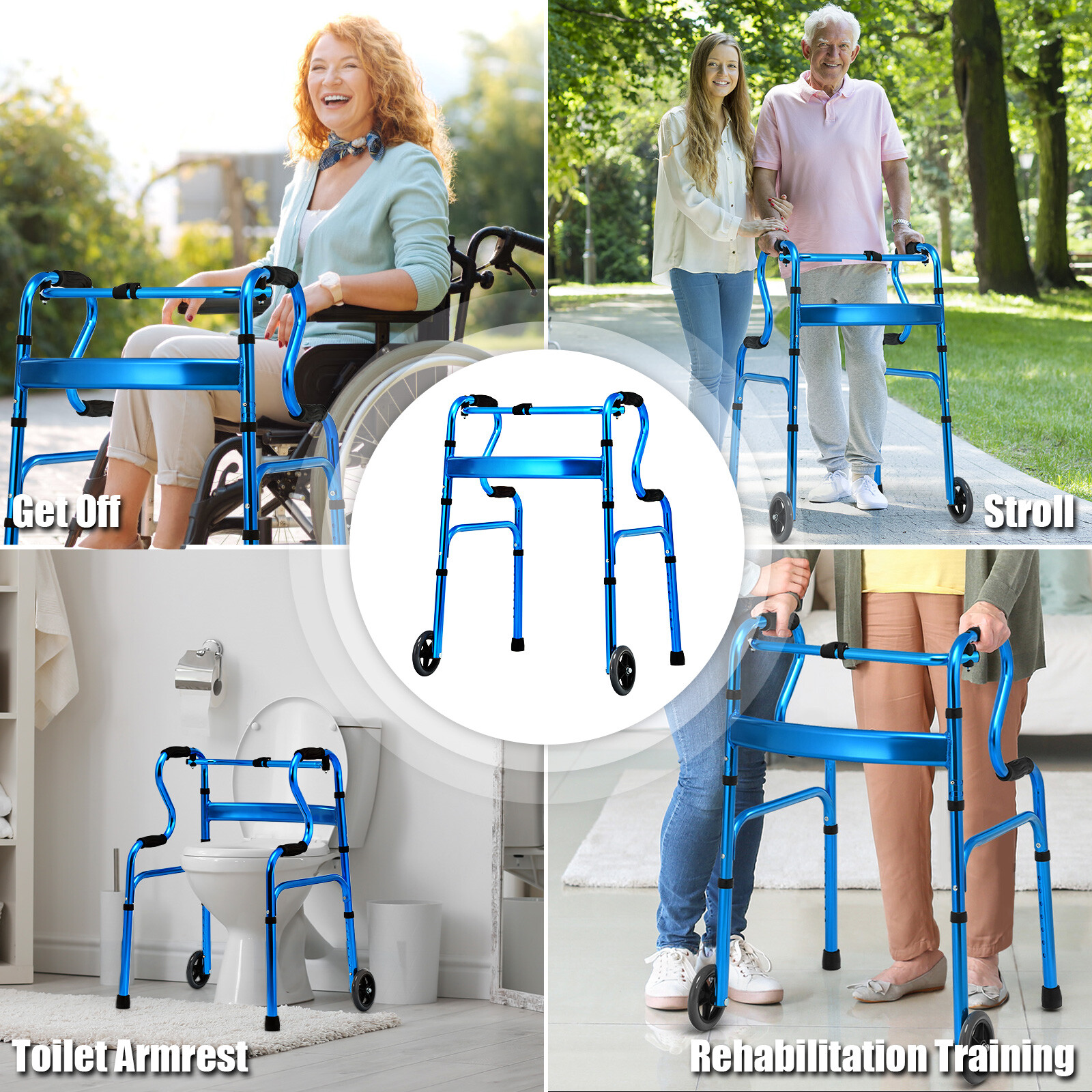 Goplus Heavy-Duty Folding 3 in 1 Stand-Assist Walker Aluminum Alloy W/Wheel Blue